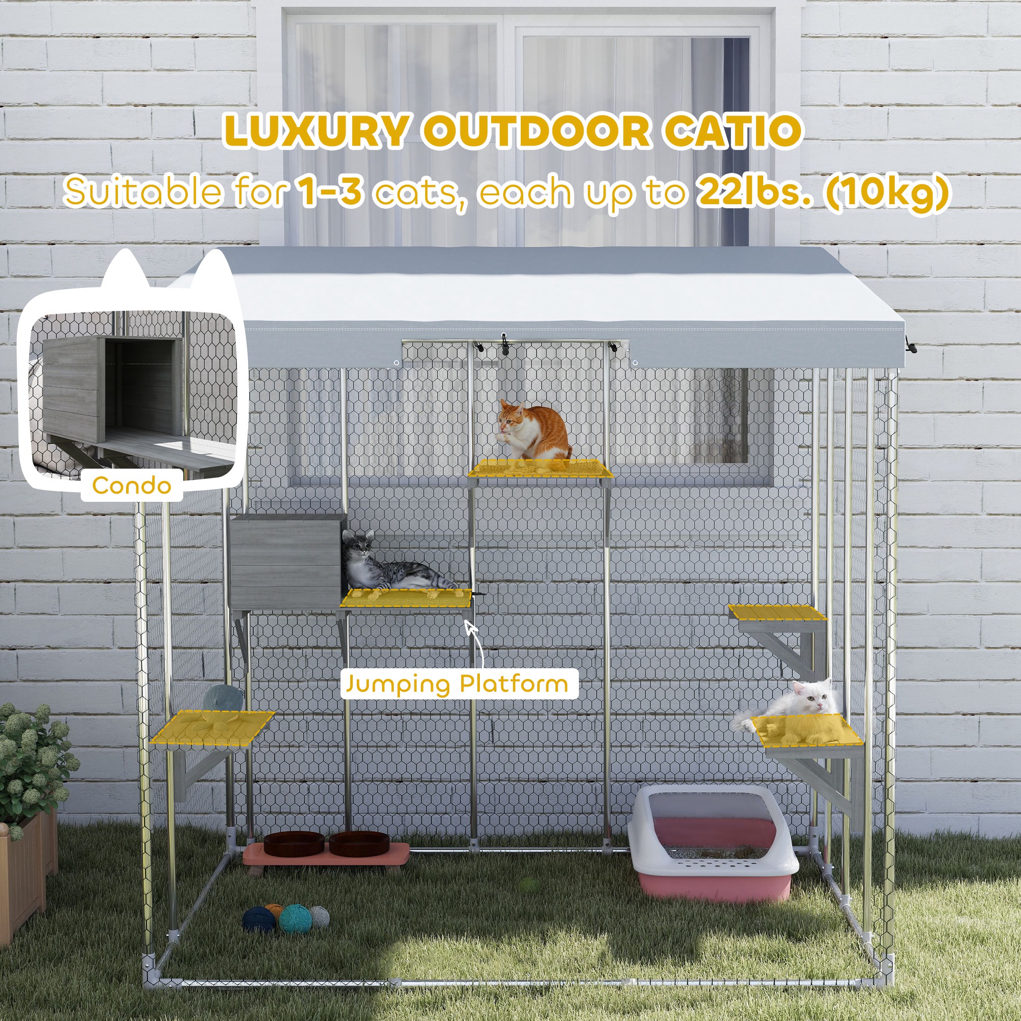 79" L Galvanized Steel Catio Outdoor Cat Enclosure w/ 420D Waterproof Canopy, Multiple Platforms, Resting Condo, Silver