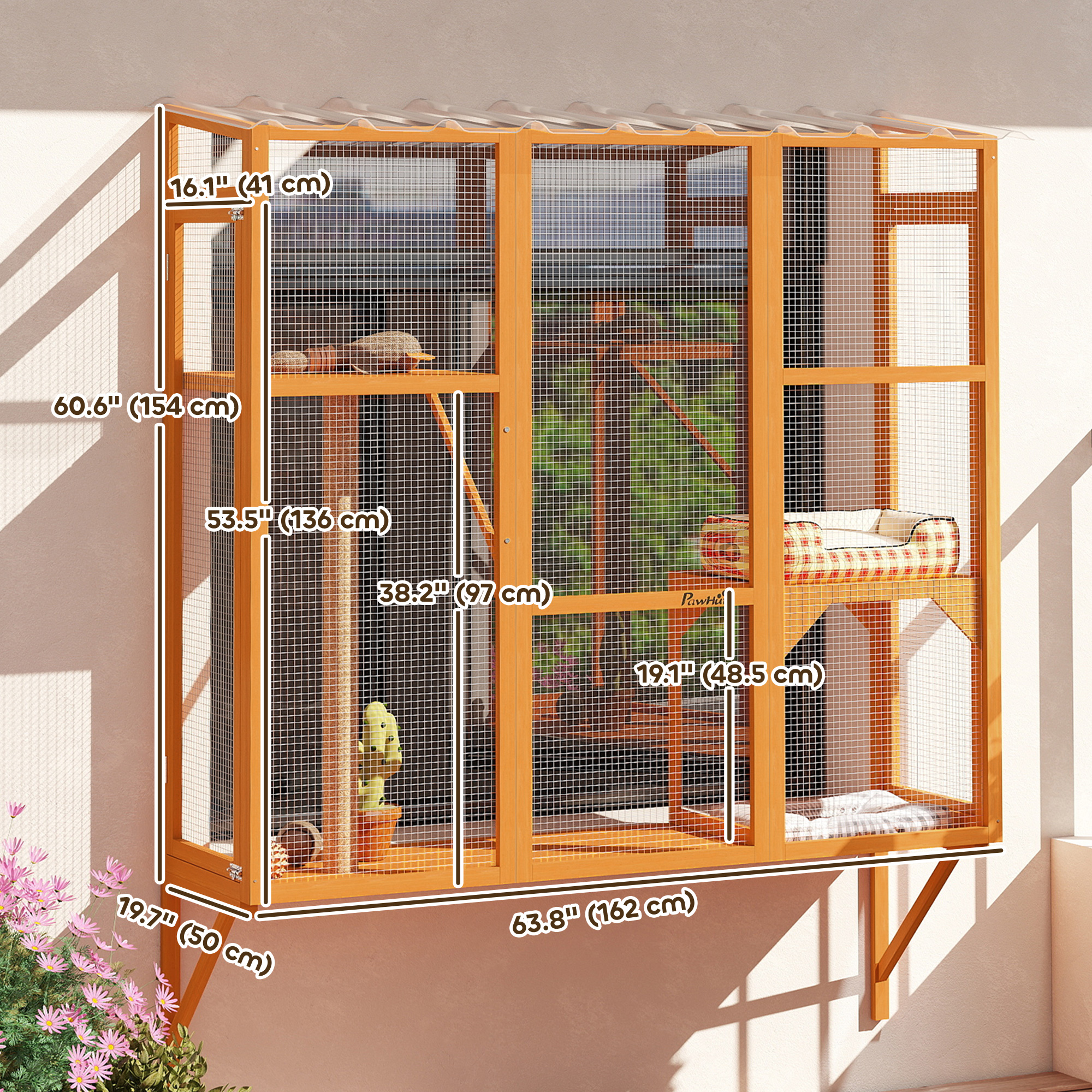 Wooden Catio Outdoor, Cat Window Box Enclosure for 2-3 Large Cats with 2 Jumping Platforms & Scratching Post, Orange