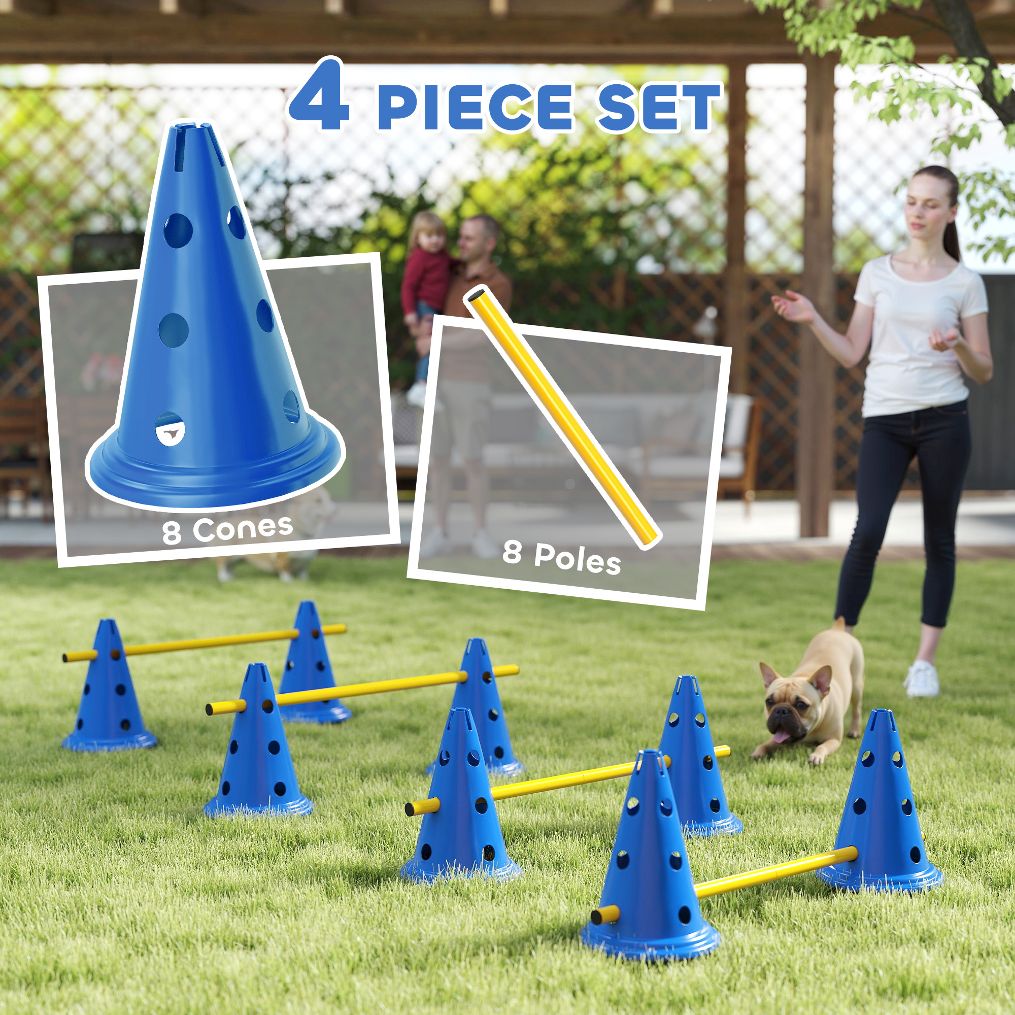 Dog Agility Hurdle Cone Set, Adjustable Obstacle Course Equipment with 8 Cones & 8 Poles, Carry Bag, Blue
