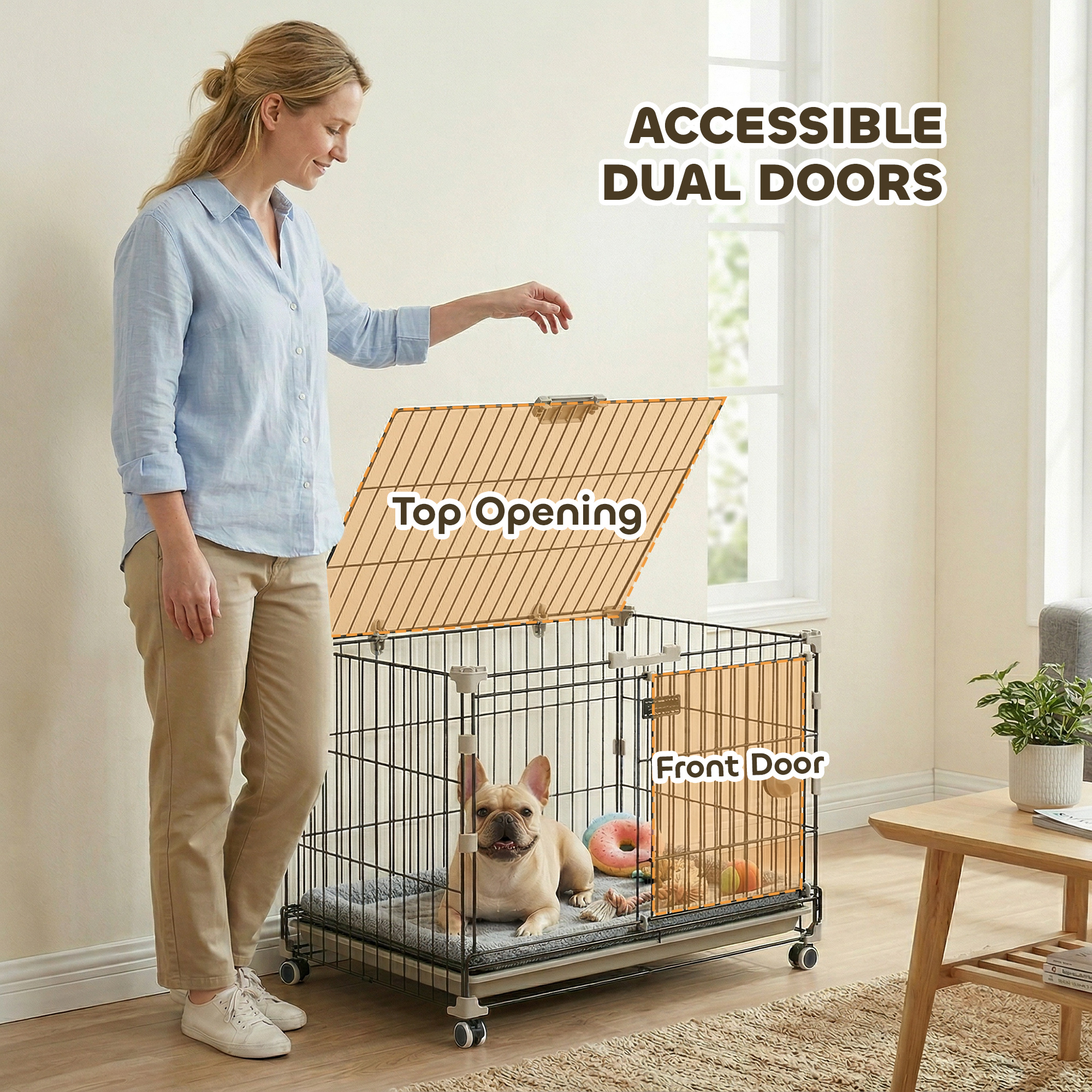Dog Crate, 24 Inch Metal Dog Cage with Removable Tray, Lockable Wheels, 2 Doors for Small Breeds, Black