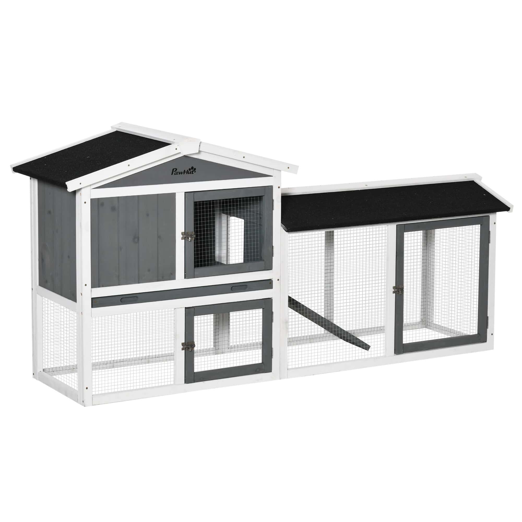 69"L Wooden Rabbit Hutch Pet Playpen Bunny House Enclosure with Run Box, Slide-out Tray, Ramp, White