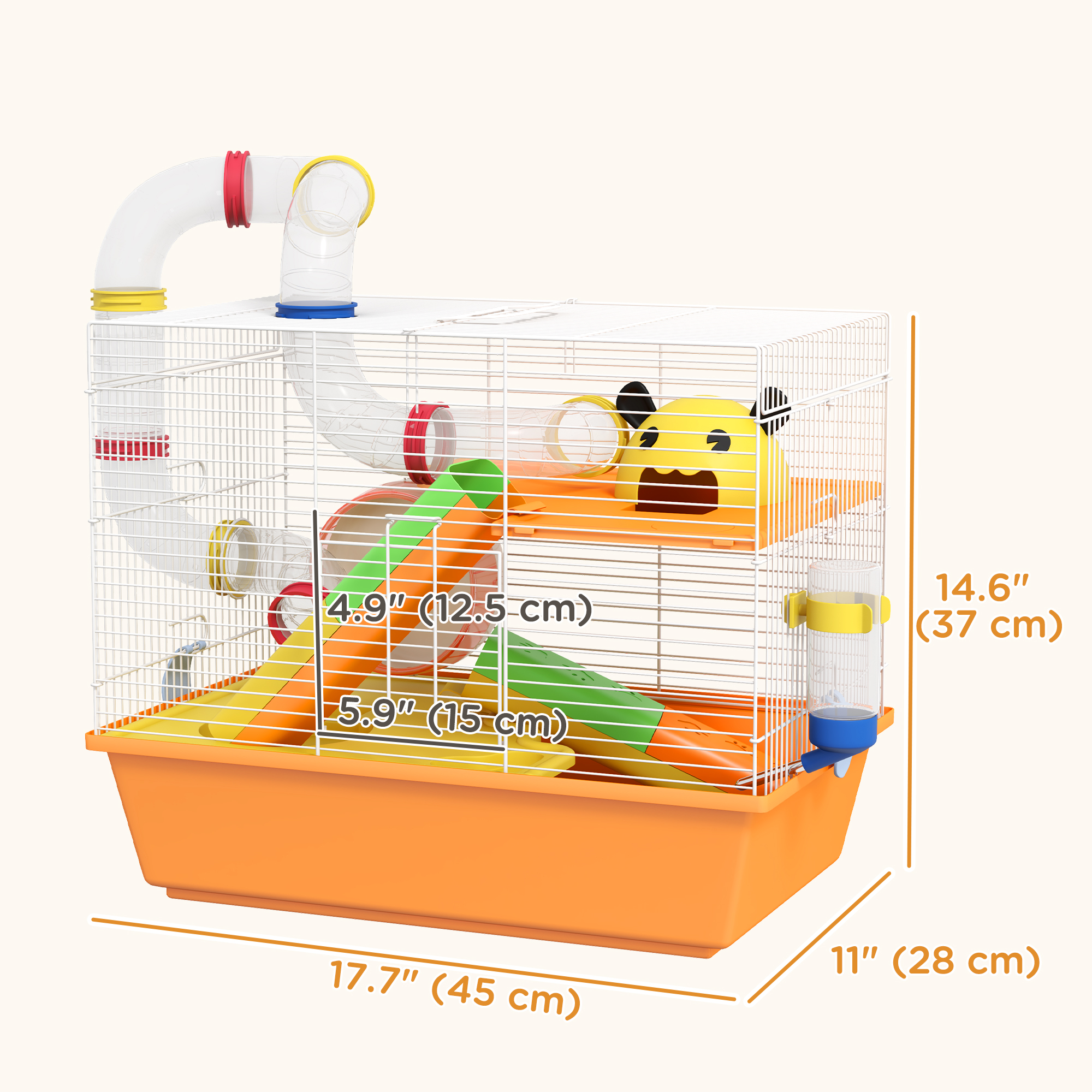 3 Tiers Hamster Cage for Gerbil, Dwarf Hamster with Tunnels, Water Bottle, Exercise Wheel, 18" x 11" x 15" - Orange