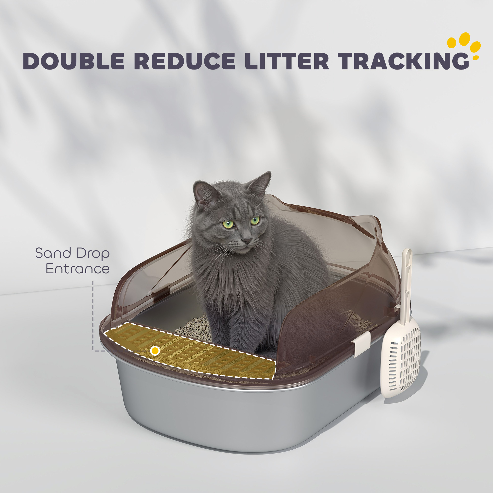 Stainless Steel Cat Litter Box with High Sided Enclosure, Scoop, Non-Sticky & Anti-Urine Leakage, Easy Cleaning