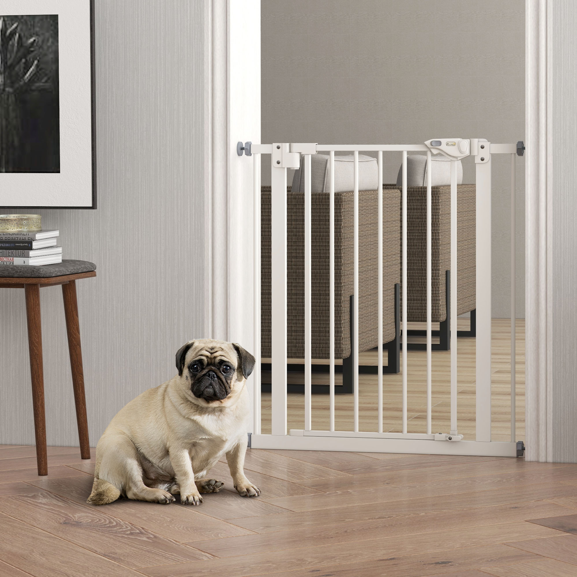 30 Inch Tall Pet Gate with Door Dog Gate and Barrier Indoor for Stairs, Pressure-Mounted Safety Gate, White
