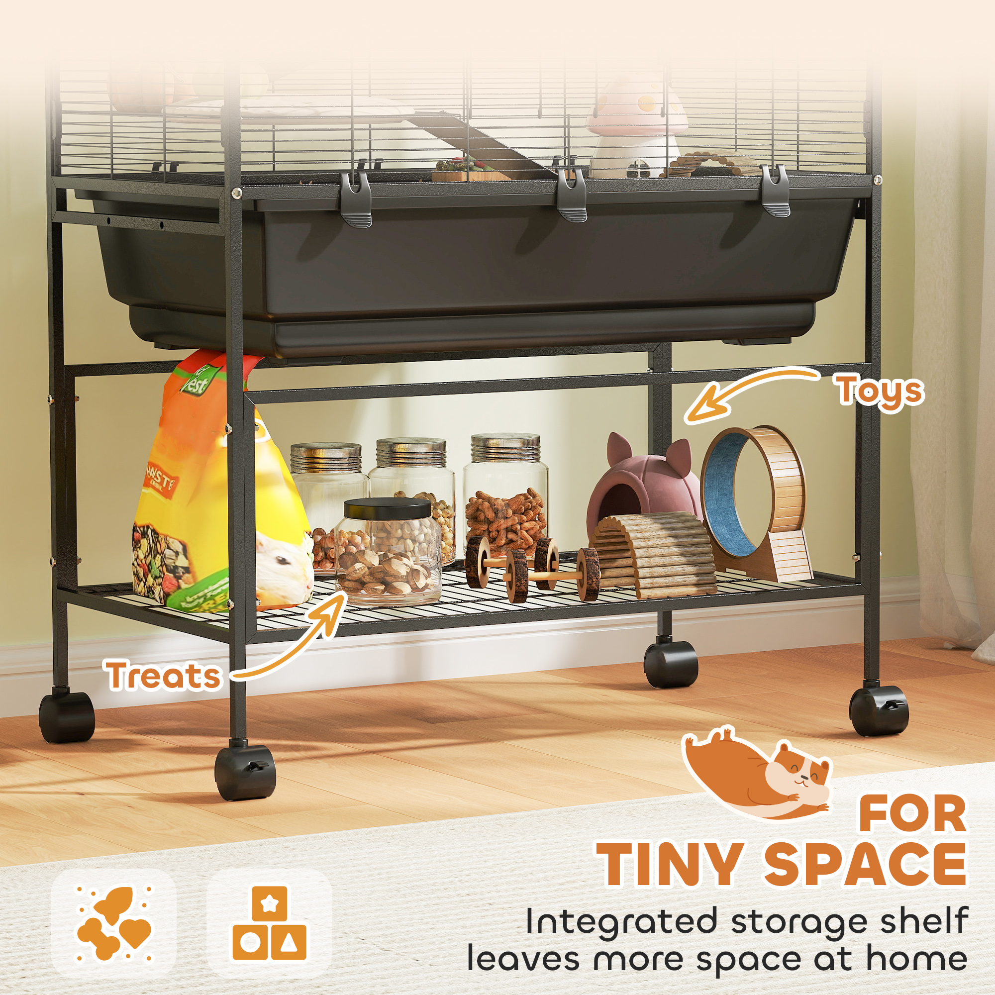 5 Tier Rolling Hamster Cage with 7" Deep Tray, Storage Shelf, Big Exercise Wheel, Tube System, for Syrian, Gerbil, Rat