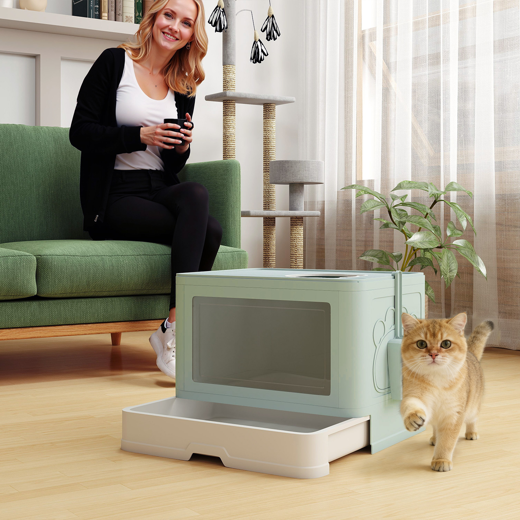 Cat Litter Box, Front Enter & Top Exit Cat Litter Tray with Scoop, Pull-out Tray, Easy to Clean, Green