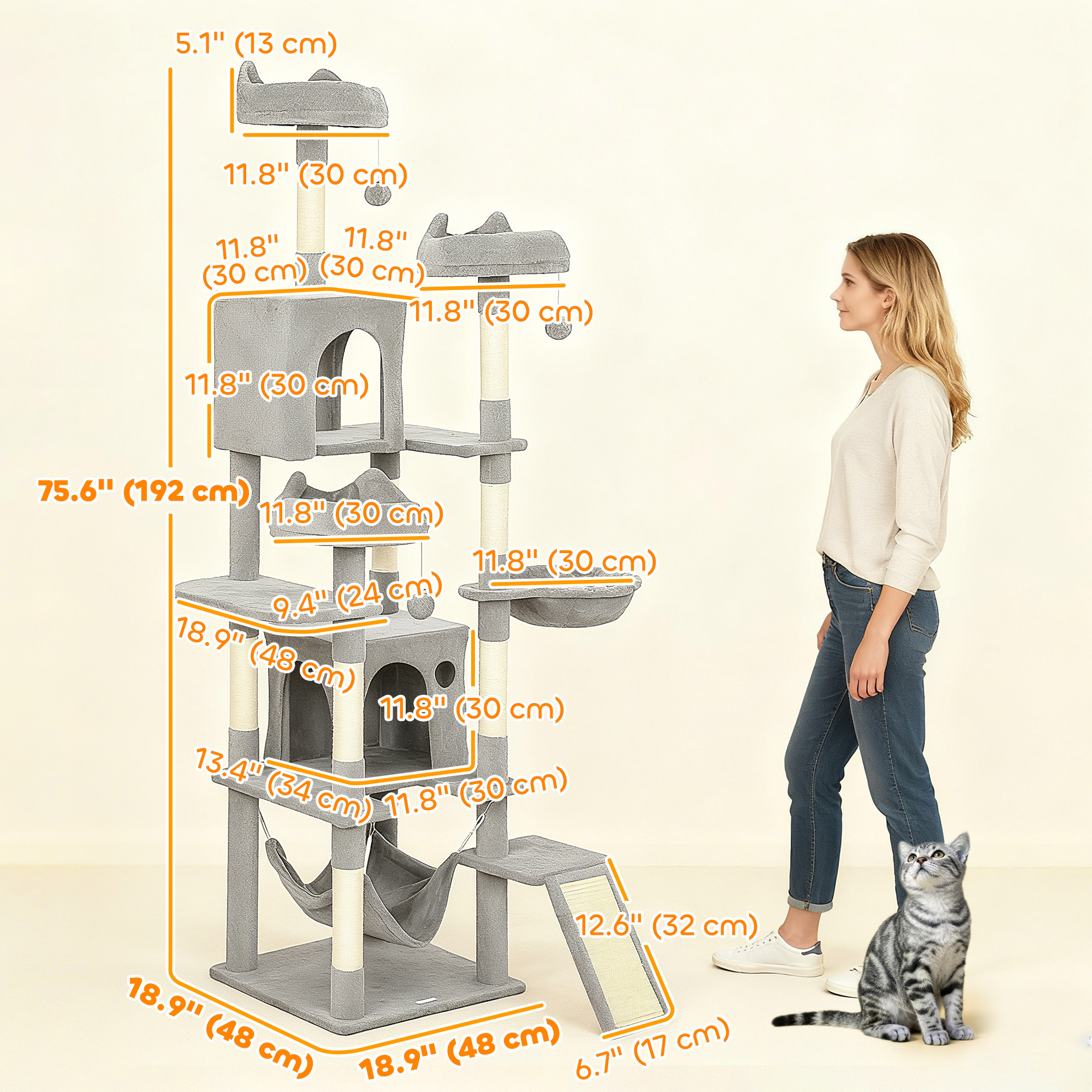 76" Large Cat Tree for Indoor Cats with 8 Scratching Posts, 3 Plush Beds, 2 Hammocks, 2 Large Condos, Ramp, Light Grey