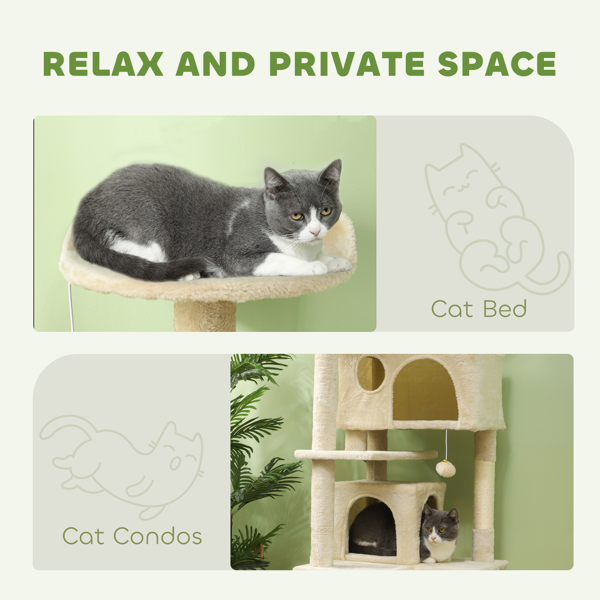 54" Cat Tree, Multi-Level Cat Tower with Scratching Posts, Cat Condos, Bed, Platforms, Ramp, Toy Ball, Beige