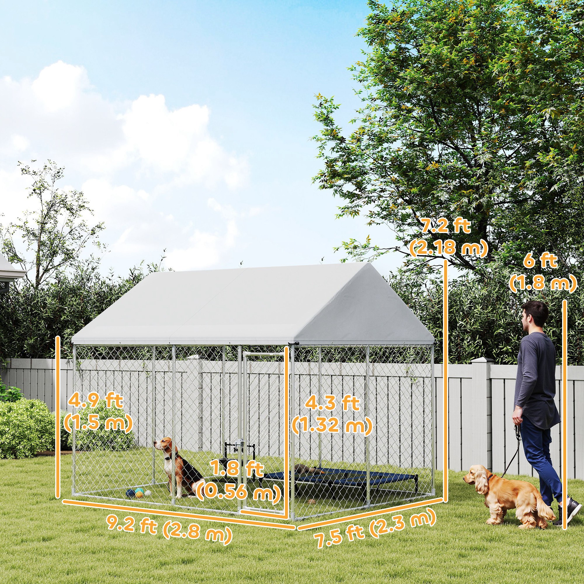 Heavy Duty Galvanized Steel Outdoor Dog Kennel with Waterproof Roof, Safety Lockable Latch System, 9.2' x 7.5' x 7.2'