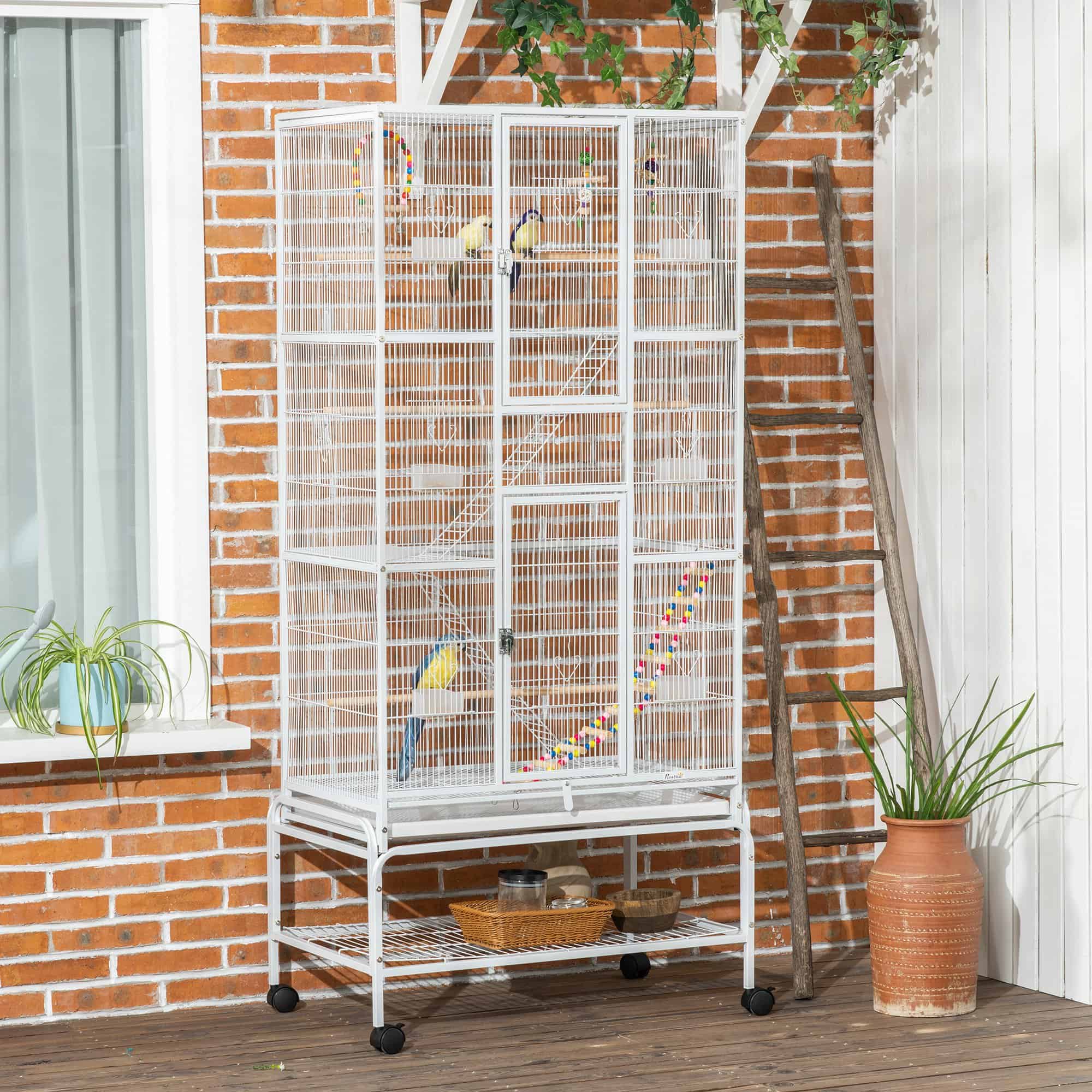 71" Bird Cage with Wheels Perches, Ramp, Storage Shelf, Toys for Canaries, Finches, Cockatiels, Parakeets, White