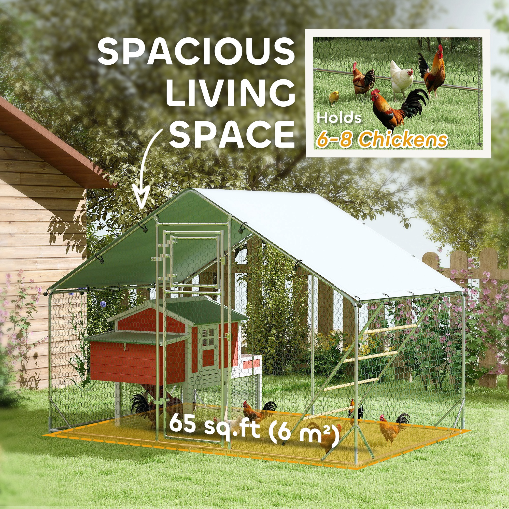 Large Metal Chicken Run with Waterproof & UV-Resistant Cover, Feeding Door, Hanging Feeder, Perch for 6-8 Chickens - Image 5