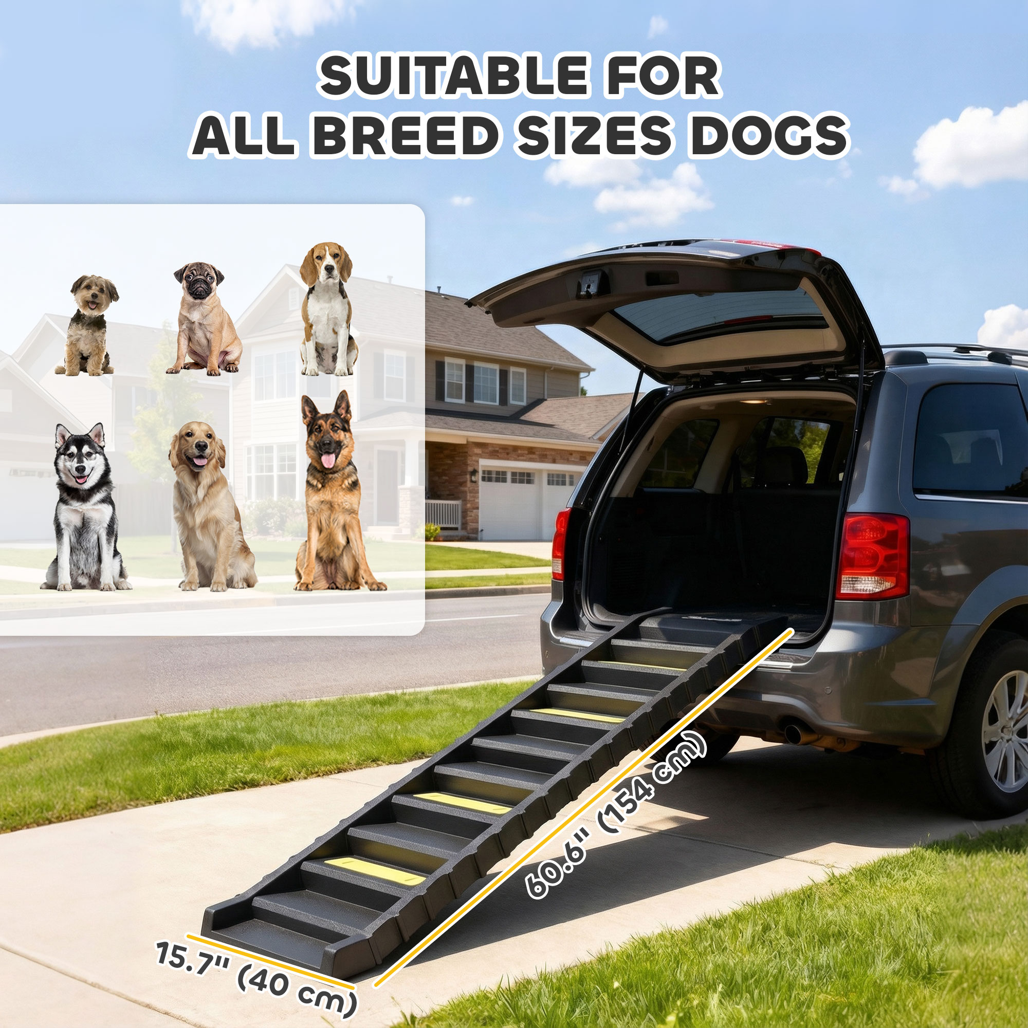 Foldable Dog Car Ramp, Dog Ramp with Anti-Slip Steps, Pet Stairs for Senior Pets to Access Cars and High Beds, Black - Image 3