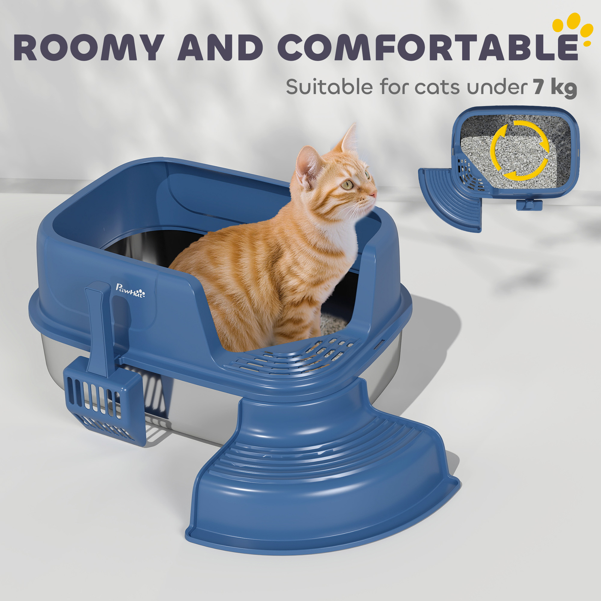 Stainless Steel Cat Litter Box, Cat Litter Box with High Side and Scoop, Anti-Leakage, Easy to Clean, Navy Blue