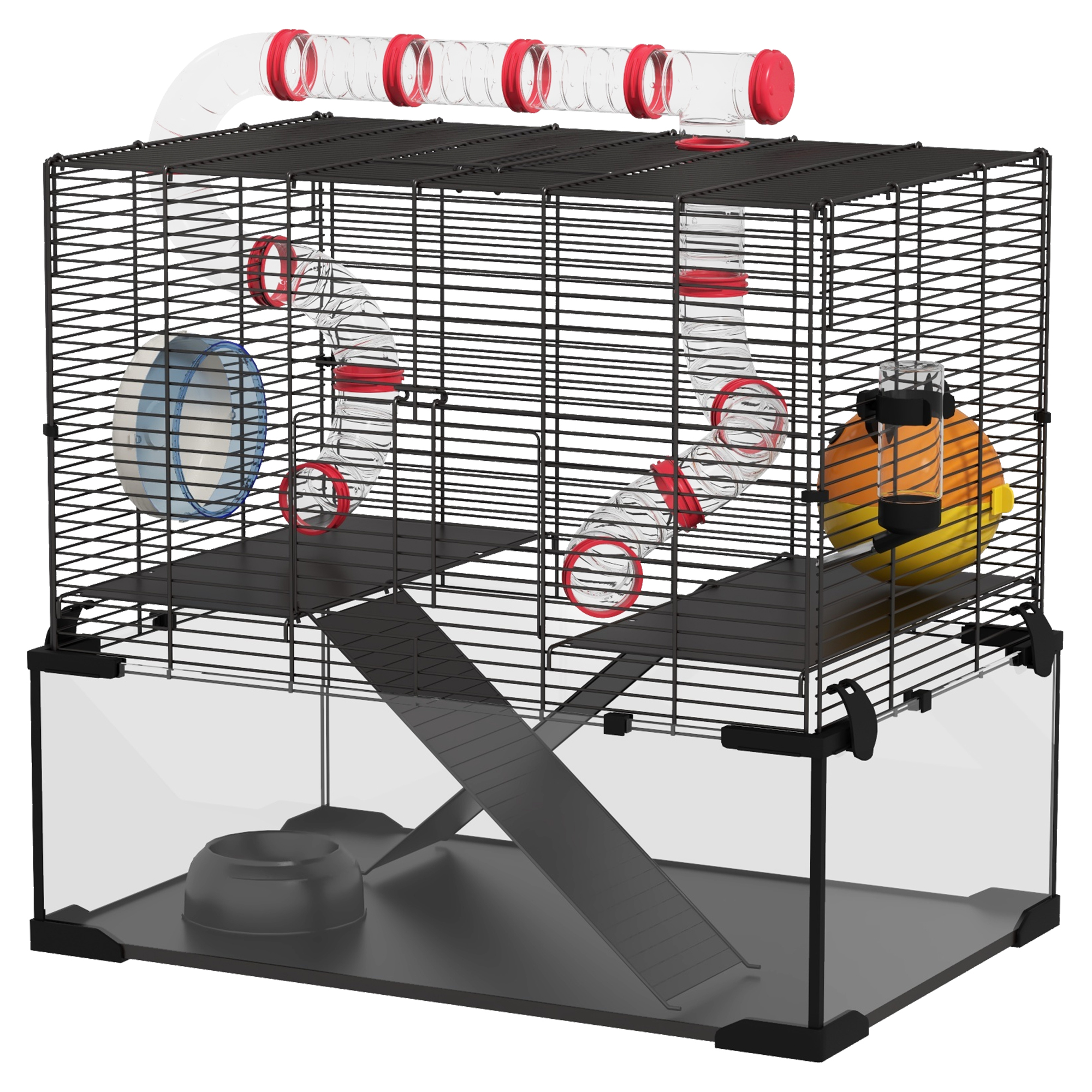 Hamster Cage with Deep Glass Bottom, Tunnel Tube System, Platforms, Hut, Exercise Wheel, Water Bottle, 24" x 16" x 22"