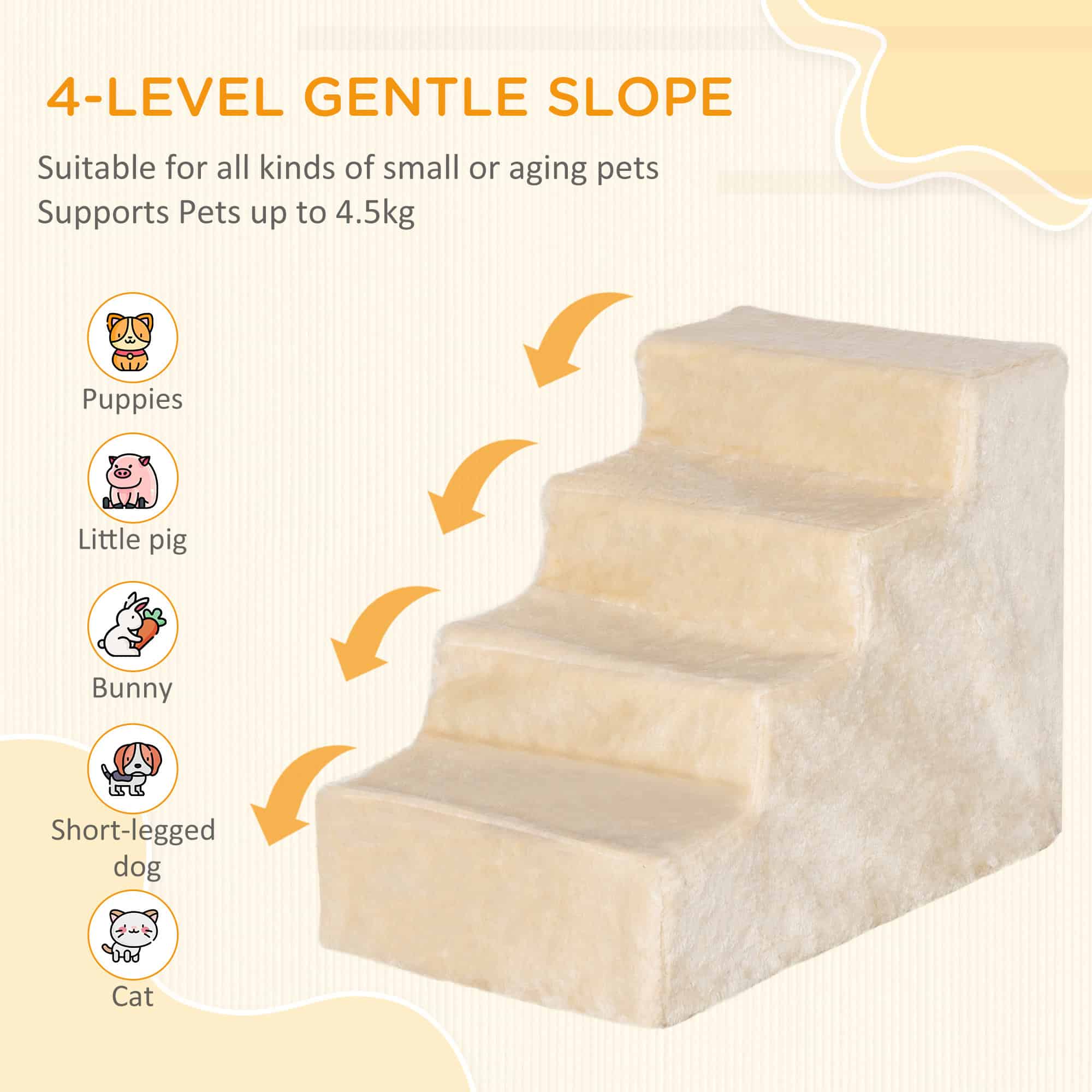 4-Step Dog Ramp for Sofa, Bed, and Couch, with Removable Cover, Beige