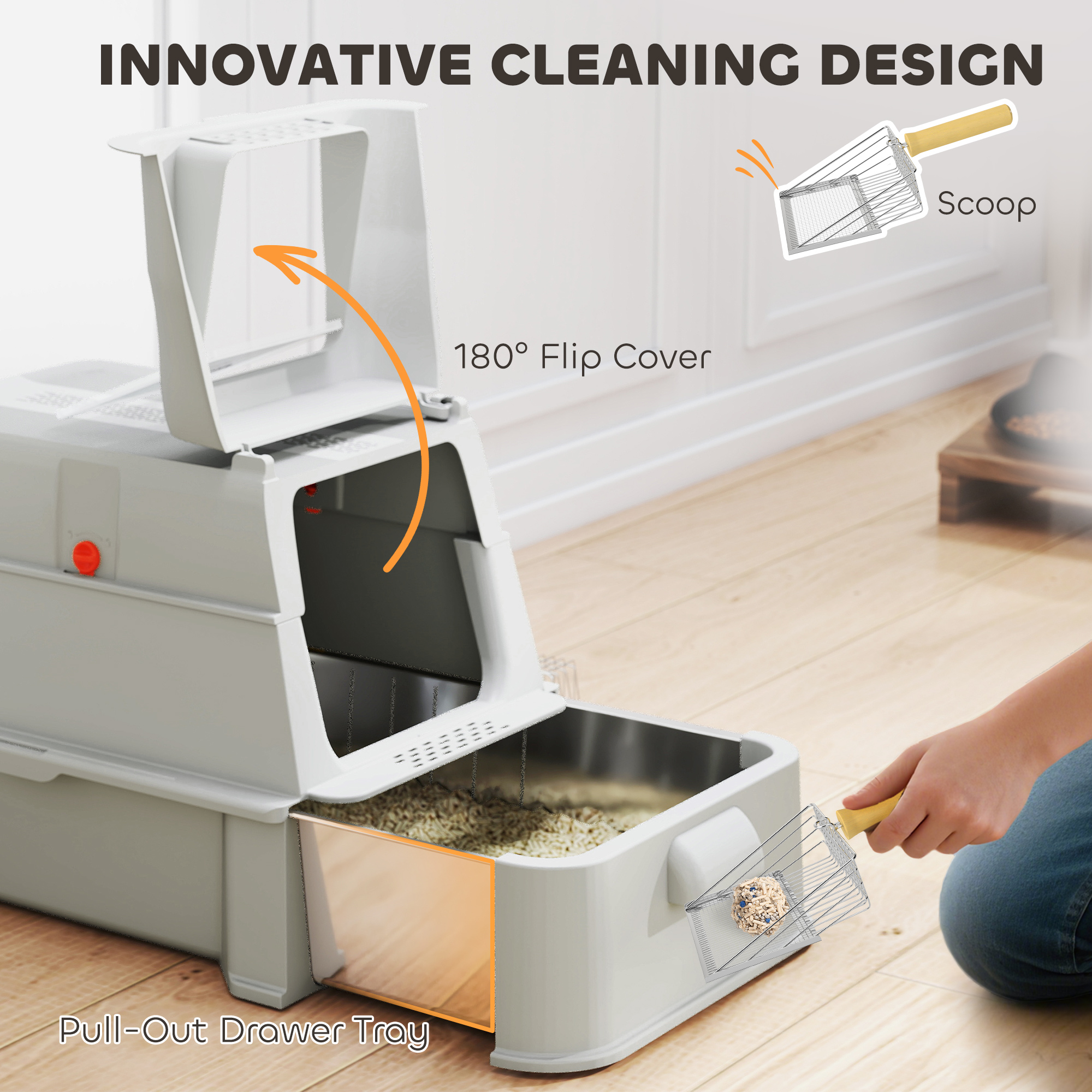 80L XL Stainless Steel Cat Litter Box for Big Cats with Flip Cover, Pull-Out Drawer Tray, High Sided, Pedal, Light Grey