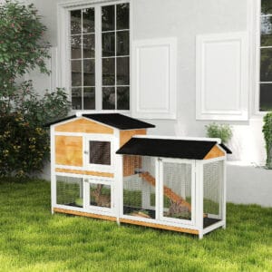 2-tier Wood Rabbit Hutch Backyard Bunny Cage Small Animal House w/ Ramp and Outdoor Run, Yellow