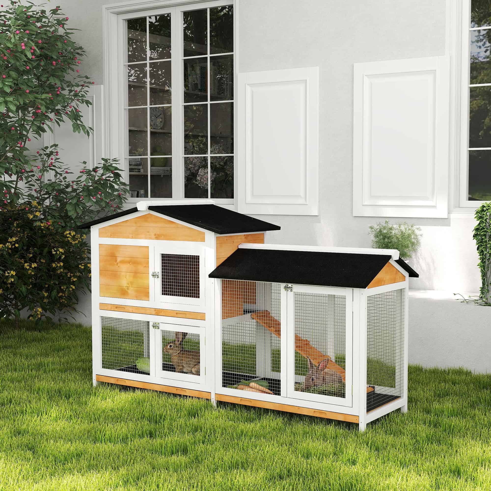 2-tier Wood Rabbit Hutch Backyard Bunny Cage Small Animal House w/ Ramp and Outdoor Run, Yellow - Image 8
