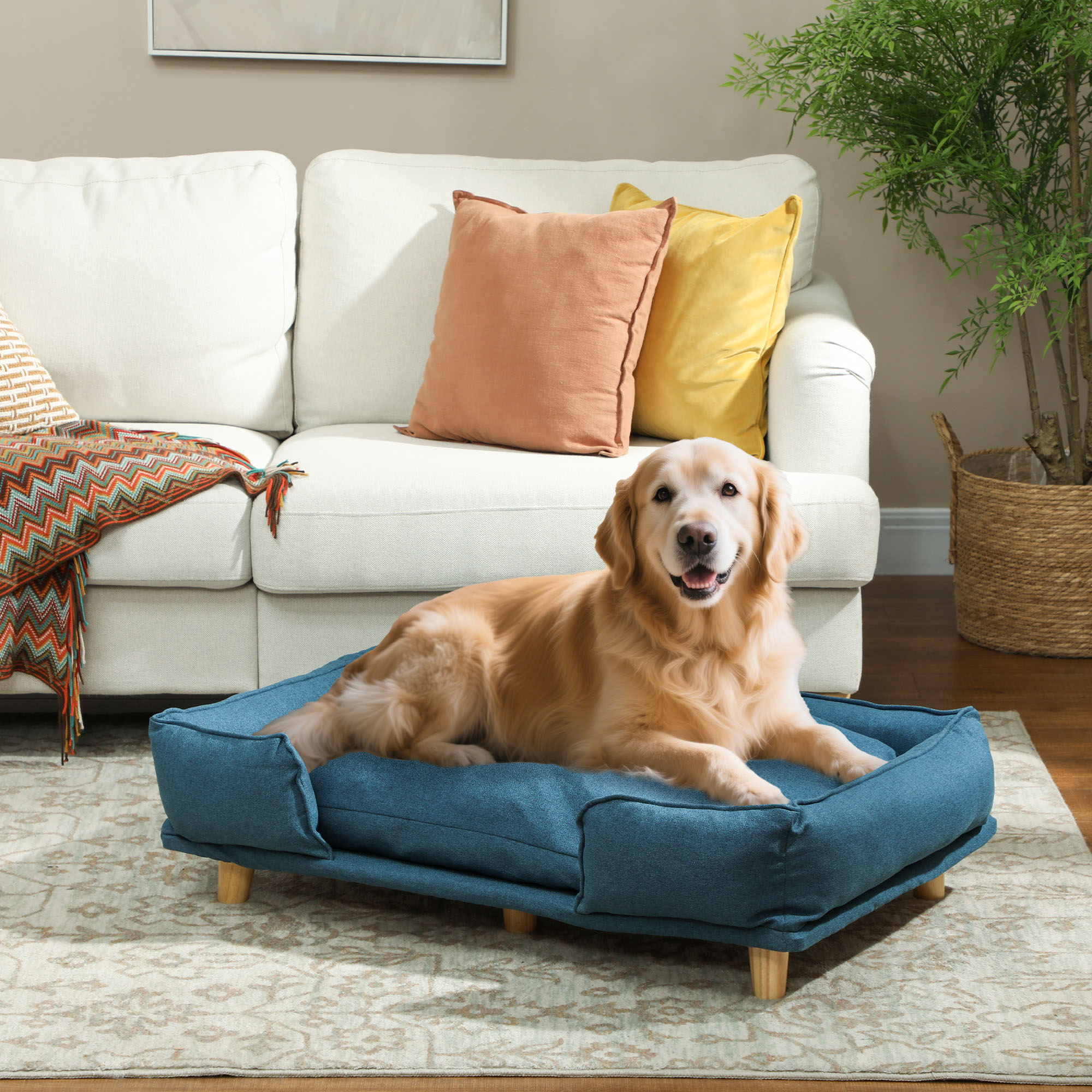Washable Dog Sofa for Large Dogs, Elevated Pet Couch with Anti-slip Foot Pads, Dark Blue