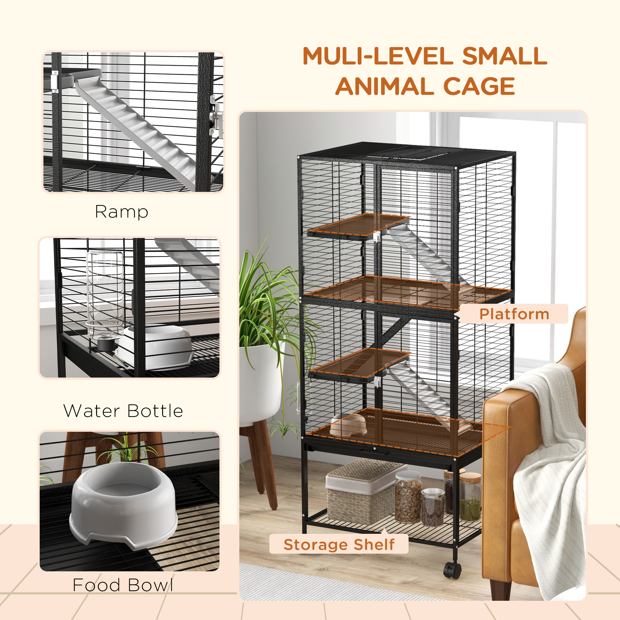 Rolling Small Animal Cage 53.5"H Chinchilla Cage for Ferrets, Squirrels w/ Removable Tray, Storage Shelf, Black - Image 5