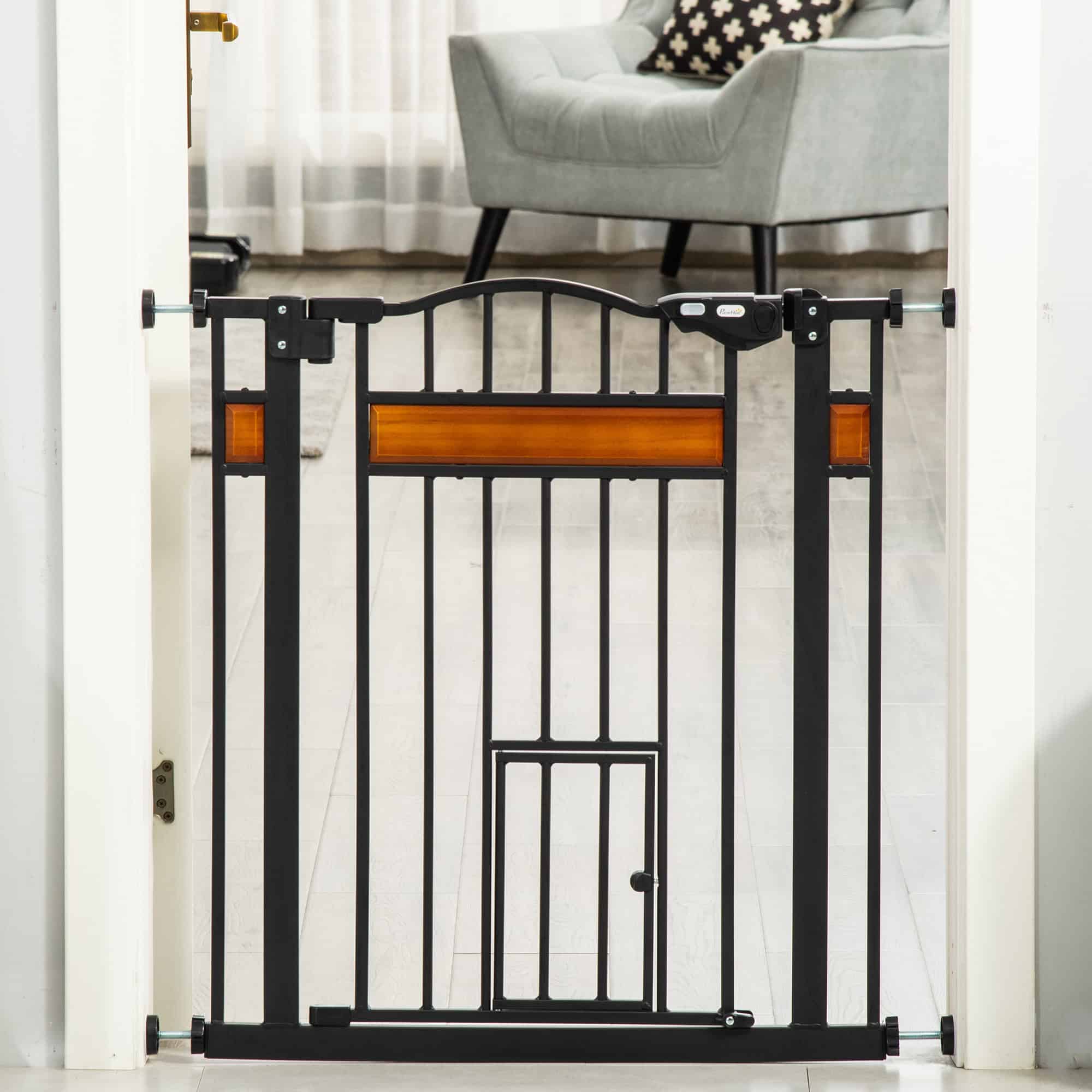 29.1''-31.5'' Extra Wide Dog Gate with Cat Door, 30"H Stair Gate with Extension, Wall Cups, Pressure Fit, Auto Close, Double Locking, for Doorways, Hallways, Stairs, Black - Image 8