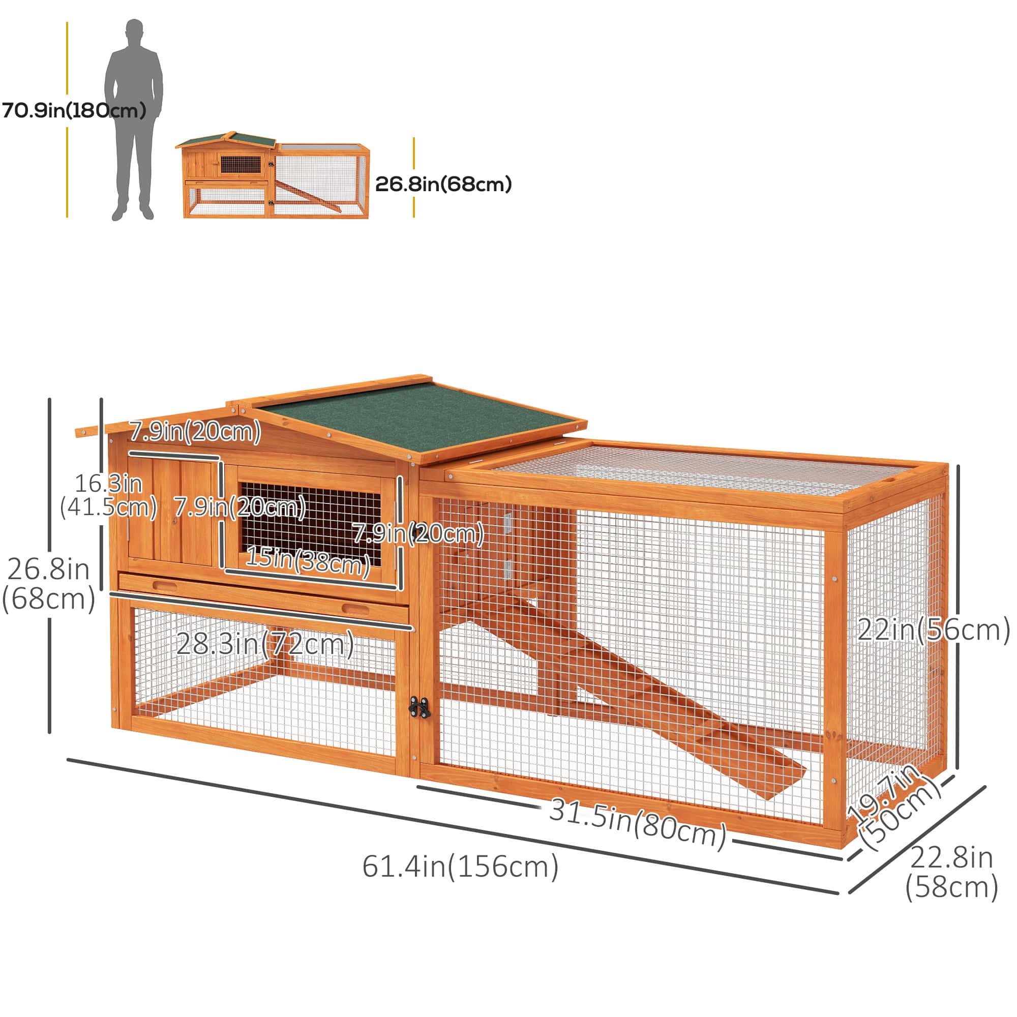 Wooden Rabbit Hutch Guinea Pig House with Removable Tray, Openable Roof, Trough, Run for Tortoises and Ferrets, Orange