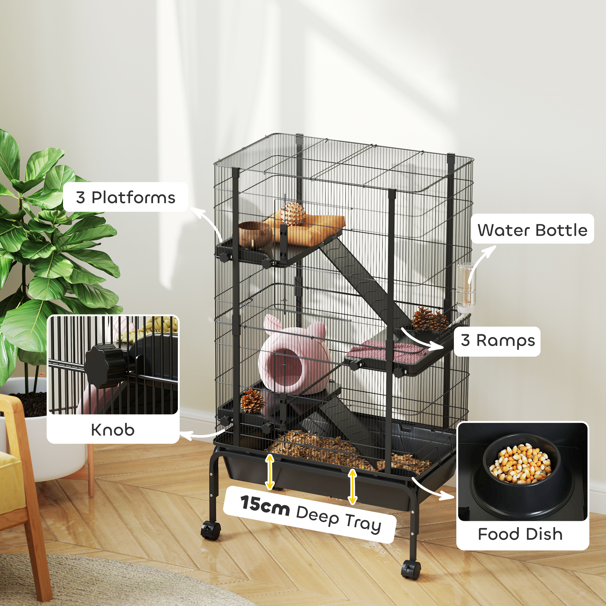 47"H Ferret Cage, Large 4-Tier Guinea Pig Cage with Wheels, Ramps, Bowl, Water Bottle & Removable Tray, Black - Image 5