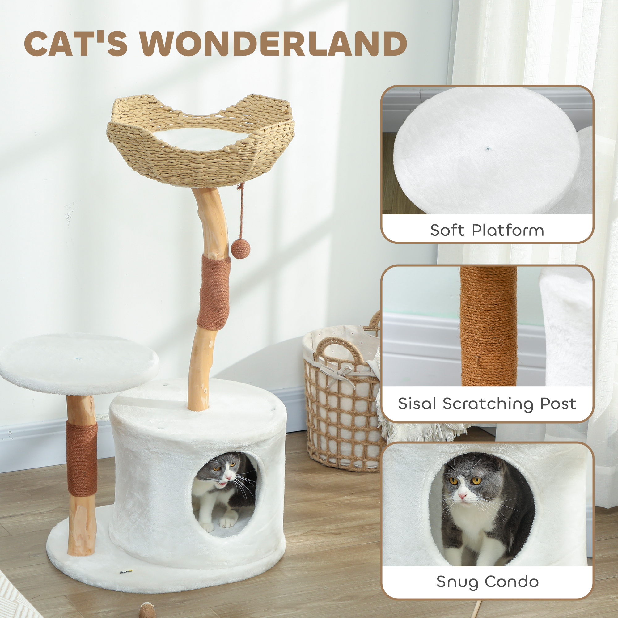 40" Real Wood Cat Tree, Cat Tower for Indoor Large Adult Cats with Scratching Posts, Condo, Perch, Washable Cushion
