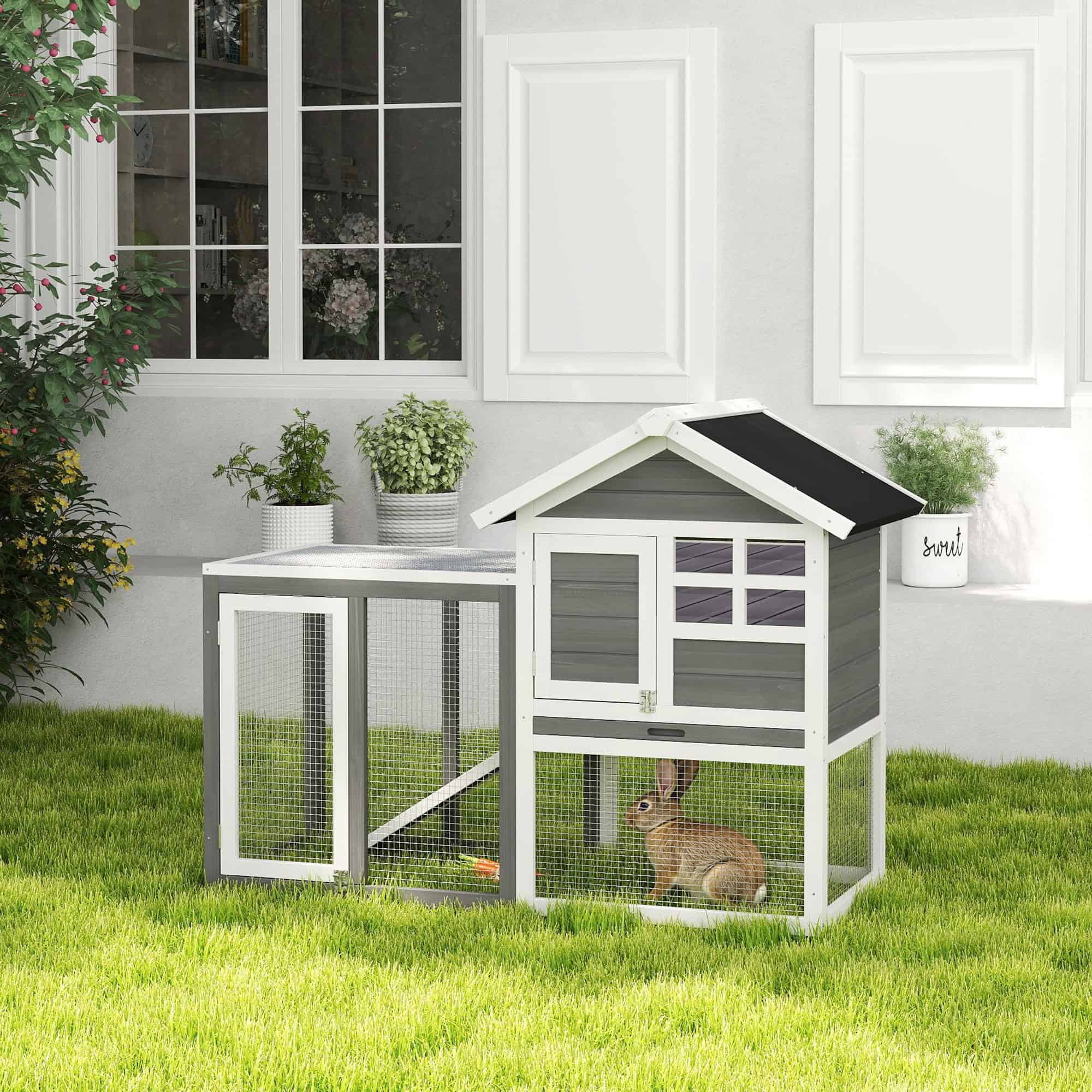 49" Weatherproof Wooden Rabbit Hutch With Slant Roof And Screened Outdoor Run, Grey
