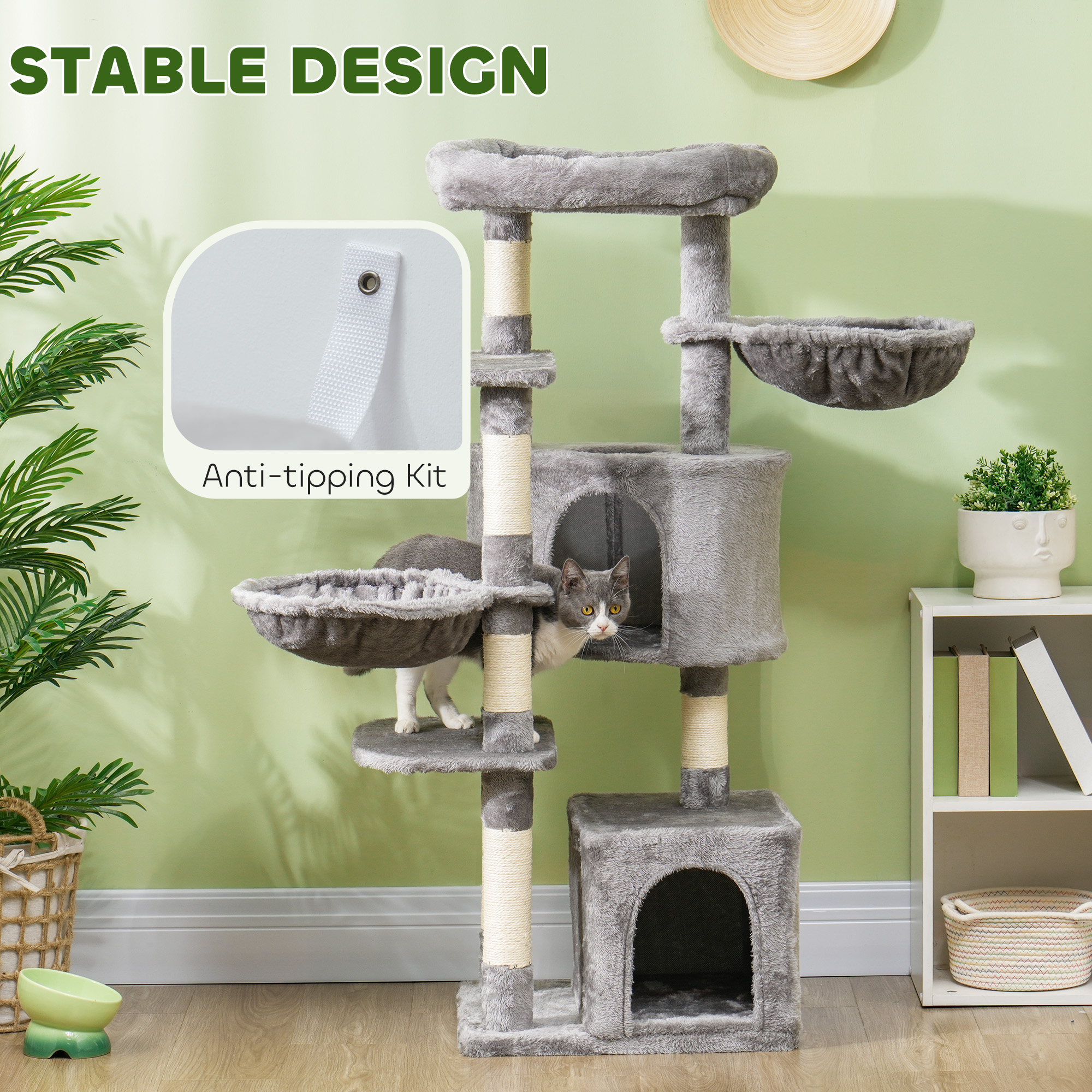 52.5" Cat Tree Tower with Scratching Posts, Cat Condos, Bed, Platforms, Hammocks, for Indoor Cats, Grey