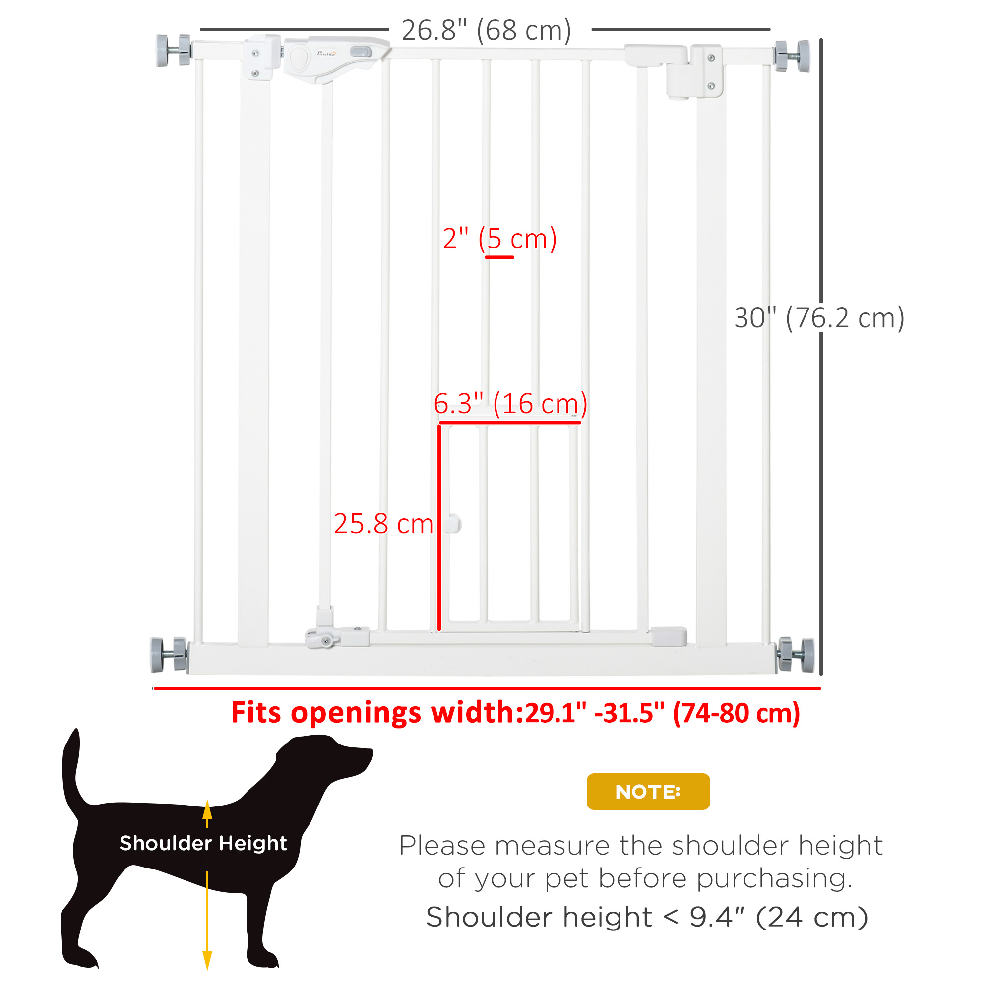 Pet Gate Extra Wide Press-Mounted with Cat Door, Auto Closing Pet Gate for Stair, Hallway, 29-32 Inch, White