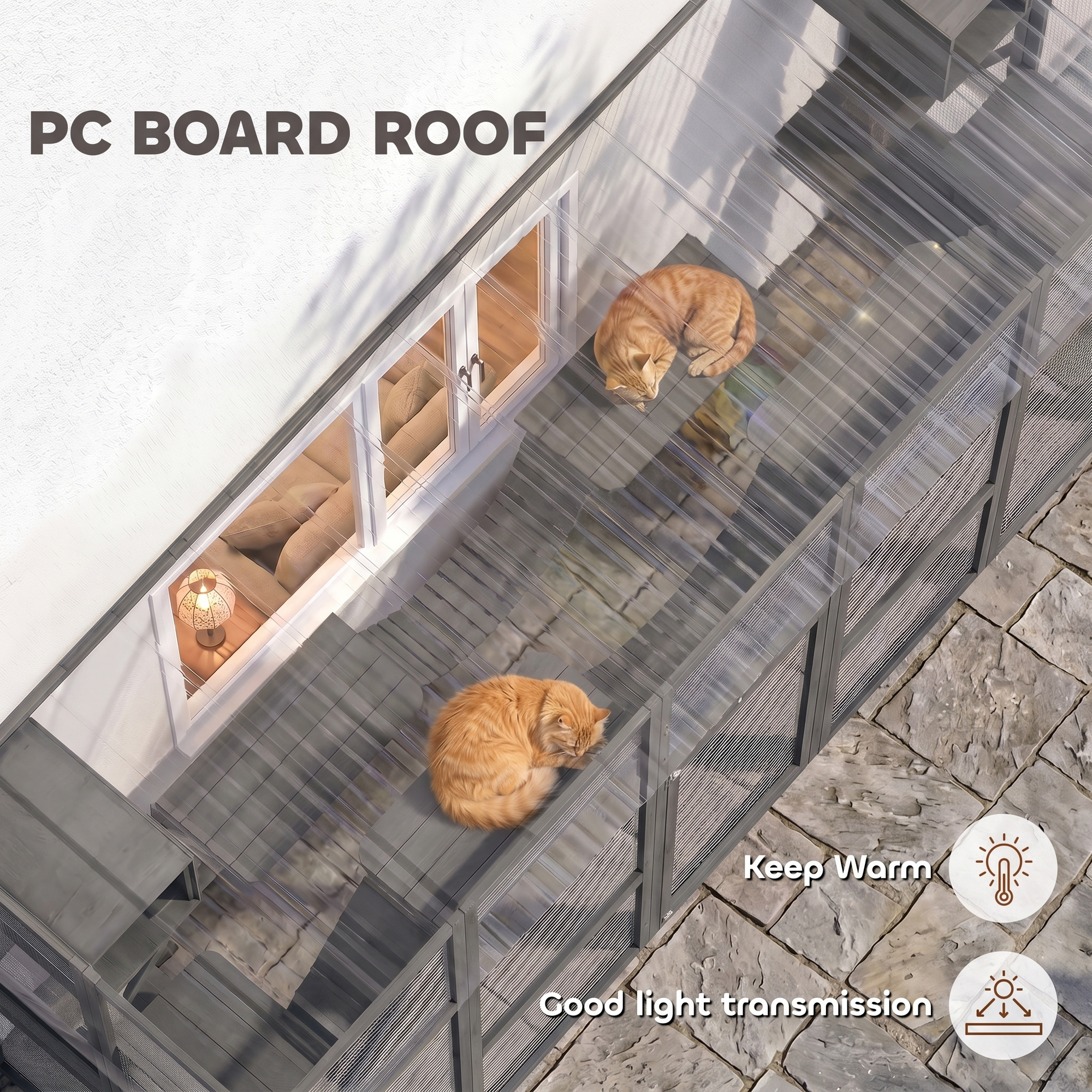 Large Outdoor Catio with Condos, Platforms, Doors, Ladders, Weather-Resistant Roof, Grey