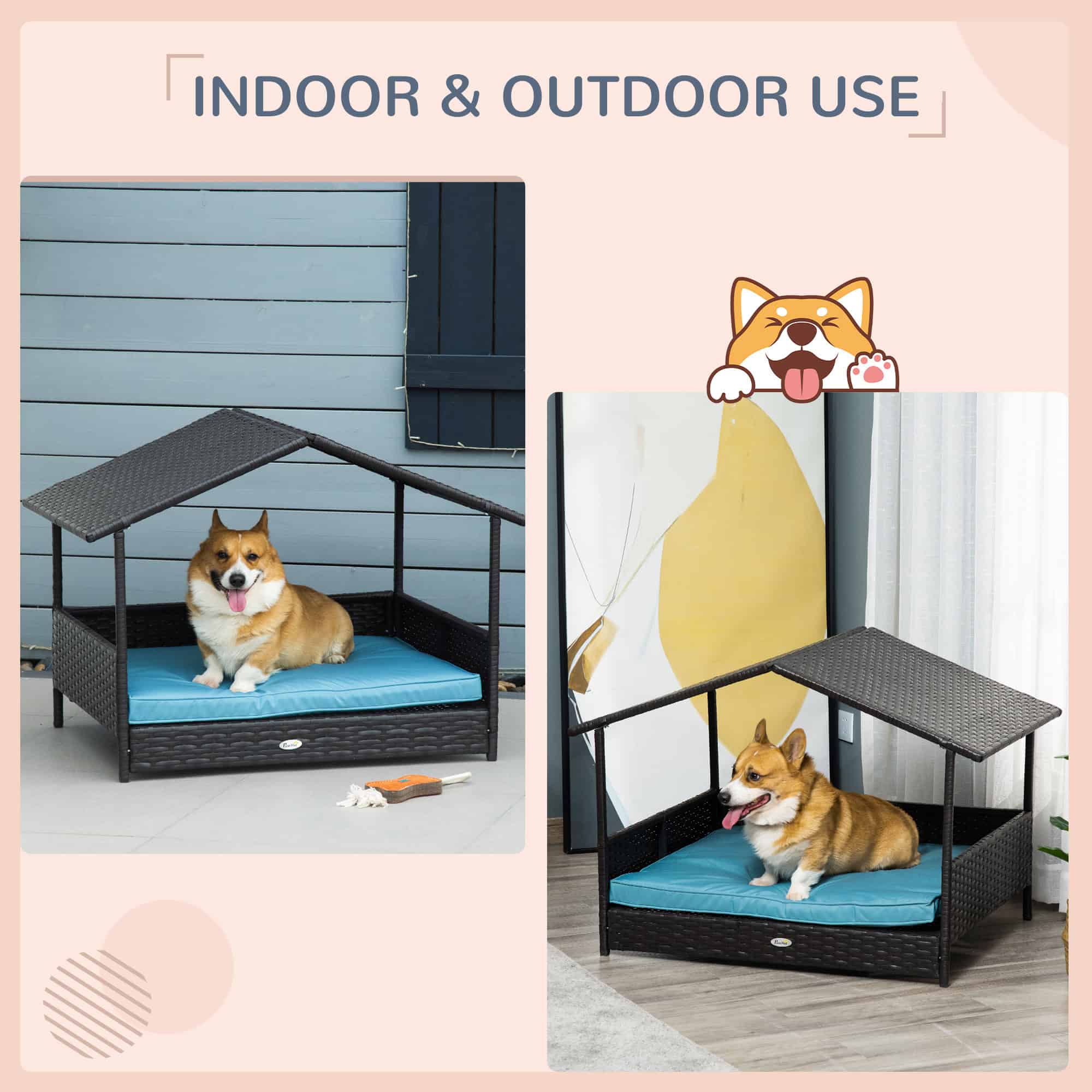 Rattan Dog House with Canopy, Wicker Dog Bed with Water-Resistant Cushion, for Small and Medium Breeds Blue