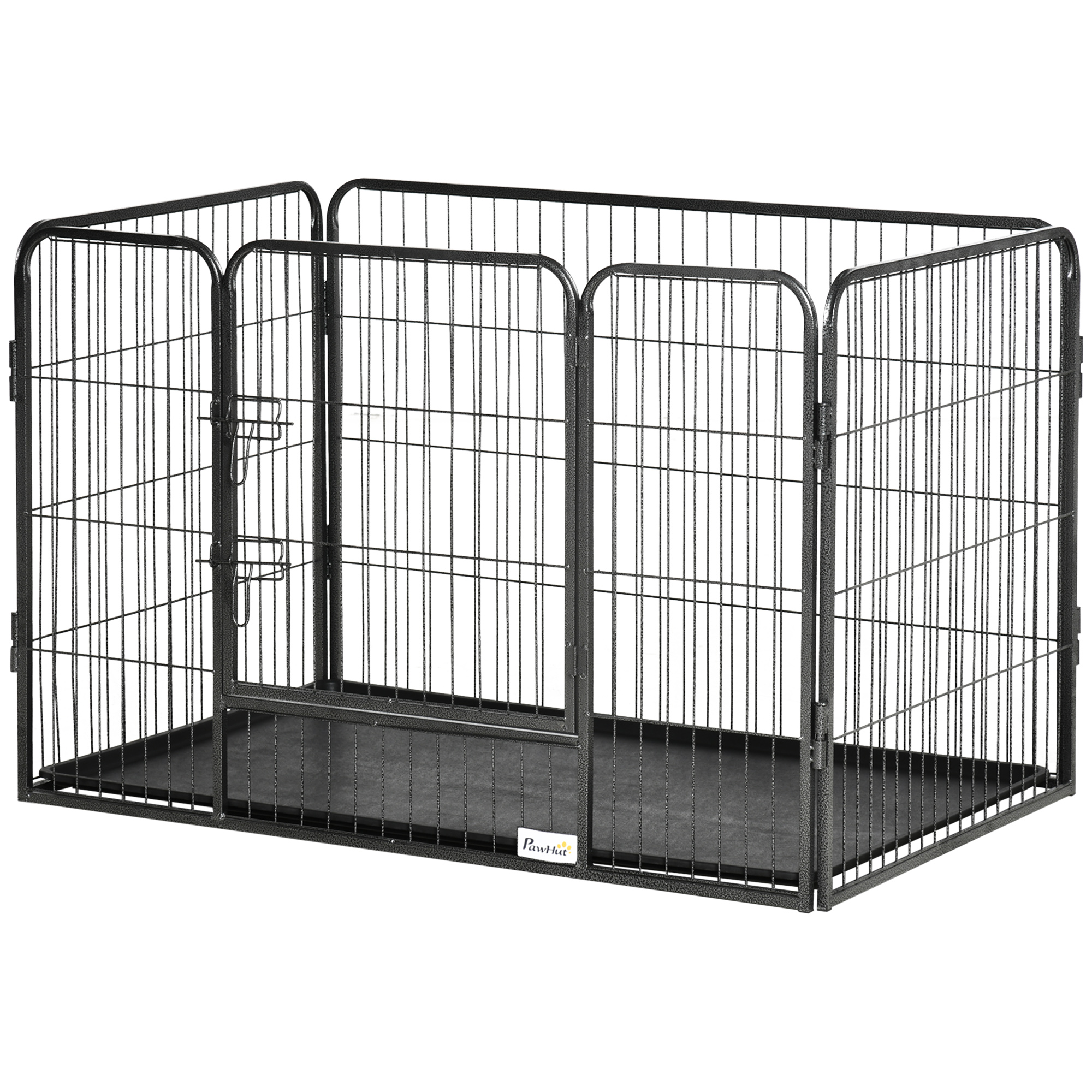 4 Panels Dog Playpen, Heavy Duty Dog Fence, 28" H Portable Pet Playpen with Door Double Locking Latches, Tray, Grey