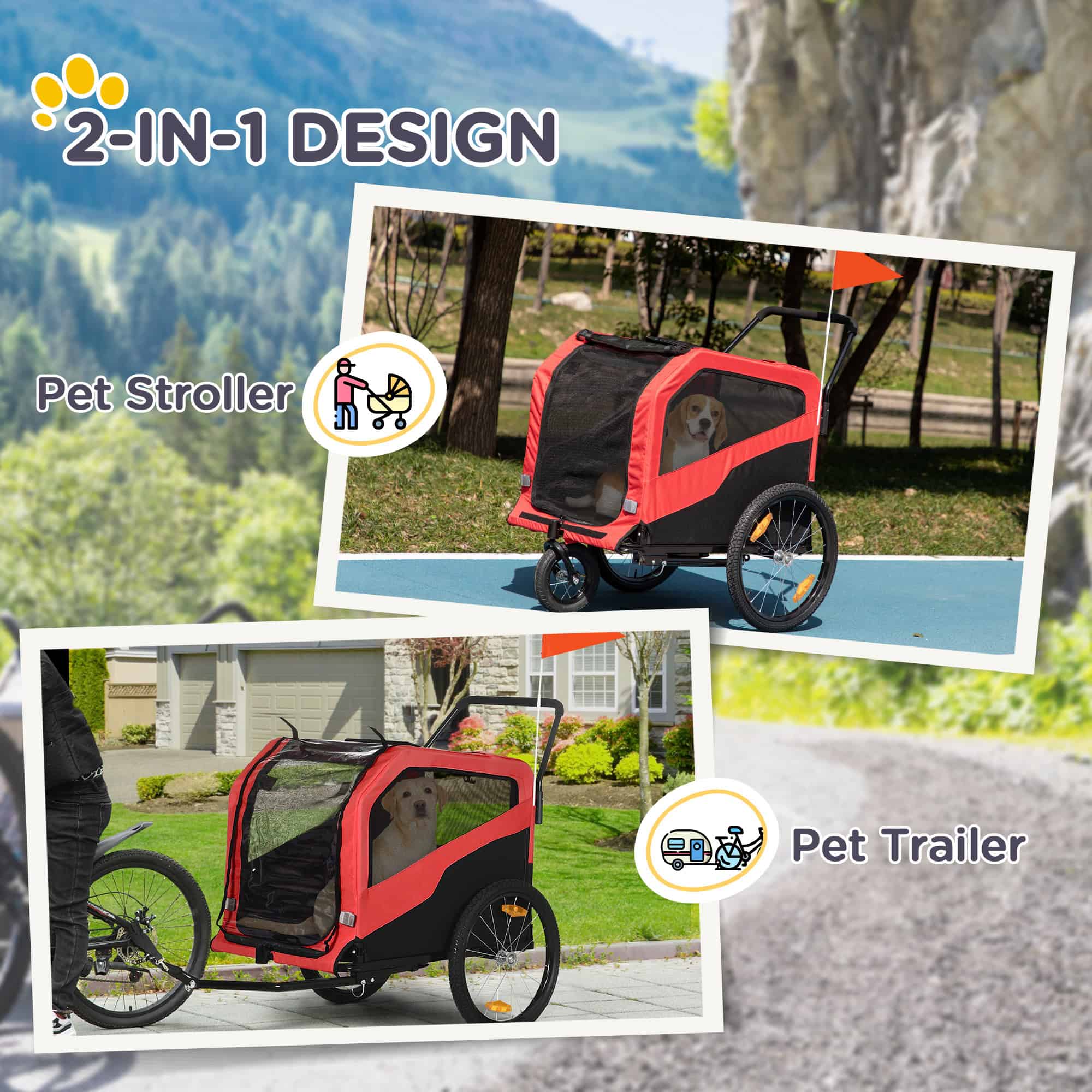 2-in-1 Dog Bike Trailer for Large Dogs, Red