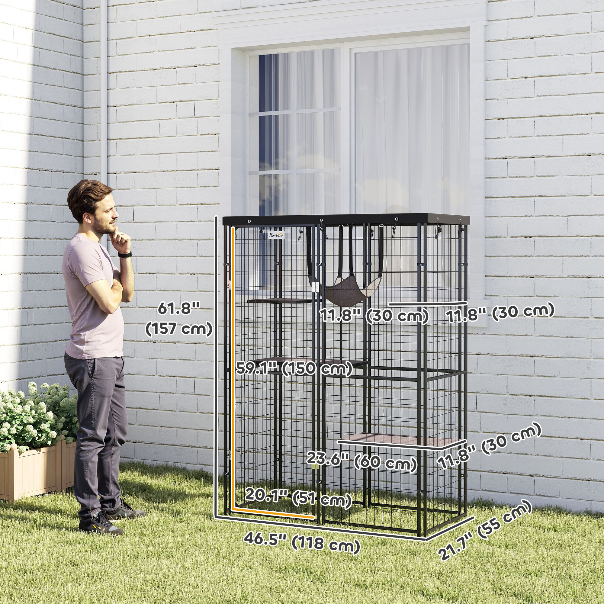 Metal Cat Cage with Waterproof Cover, 4 Platforms, Hammock, Washable Cushions for 1-3 Kittens, 46.5" x 22" x 62", Black
