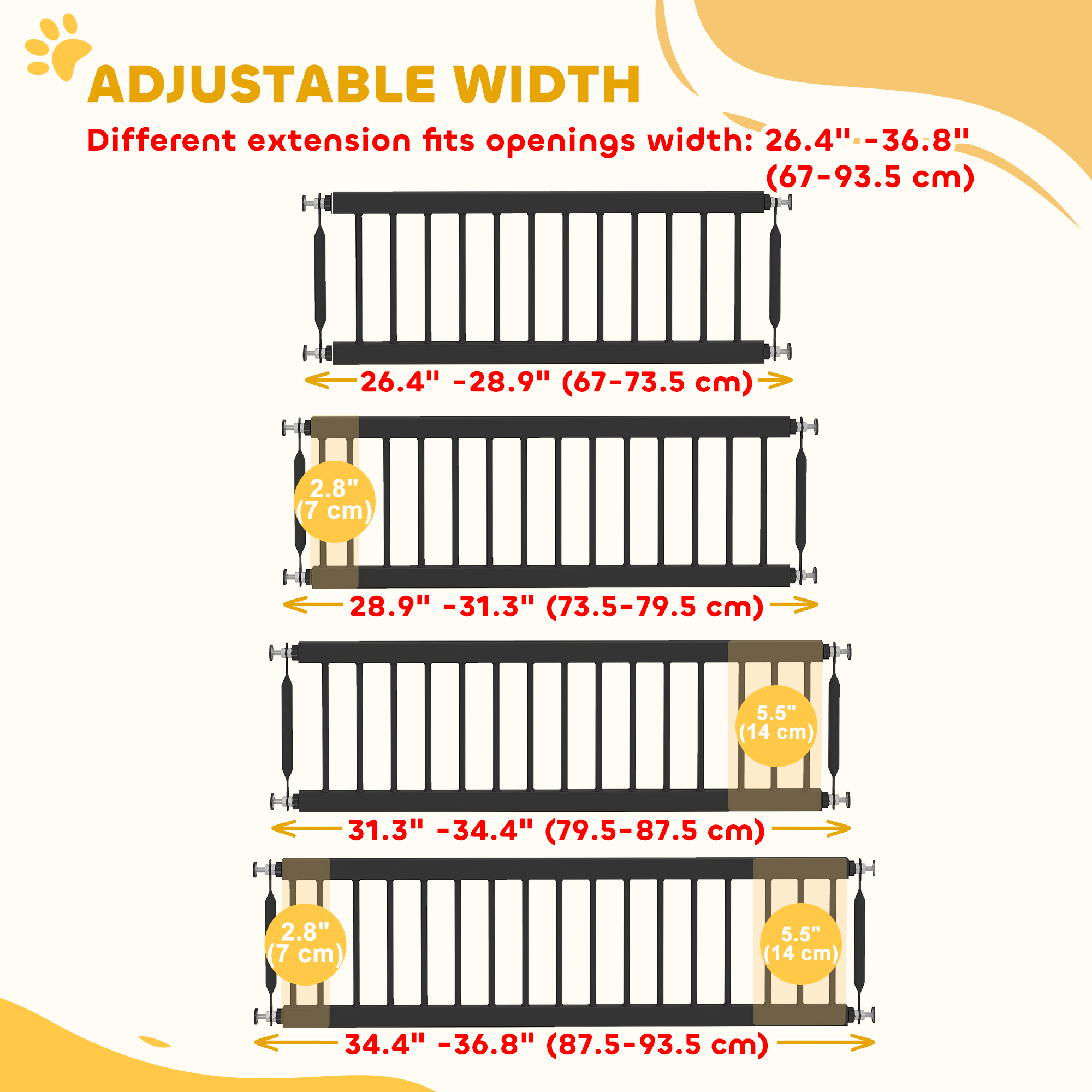 26"-37" Dog Gate, Adjustable Pet Gate, Fits 10" Tall with 2 Extension, Pressure Mount Kit for Stairs and Doorways, Black - Image 5