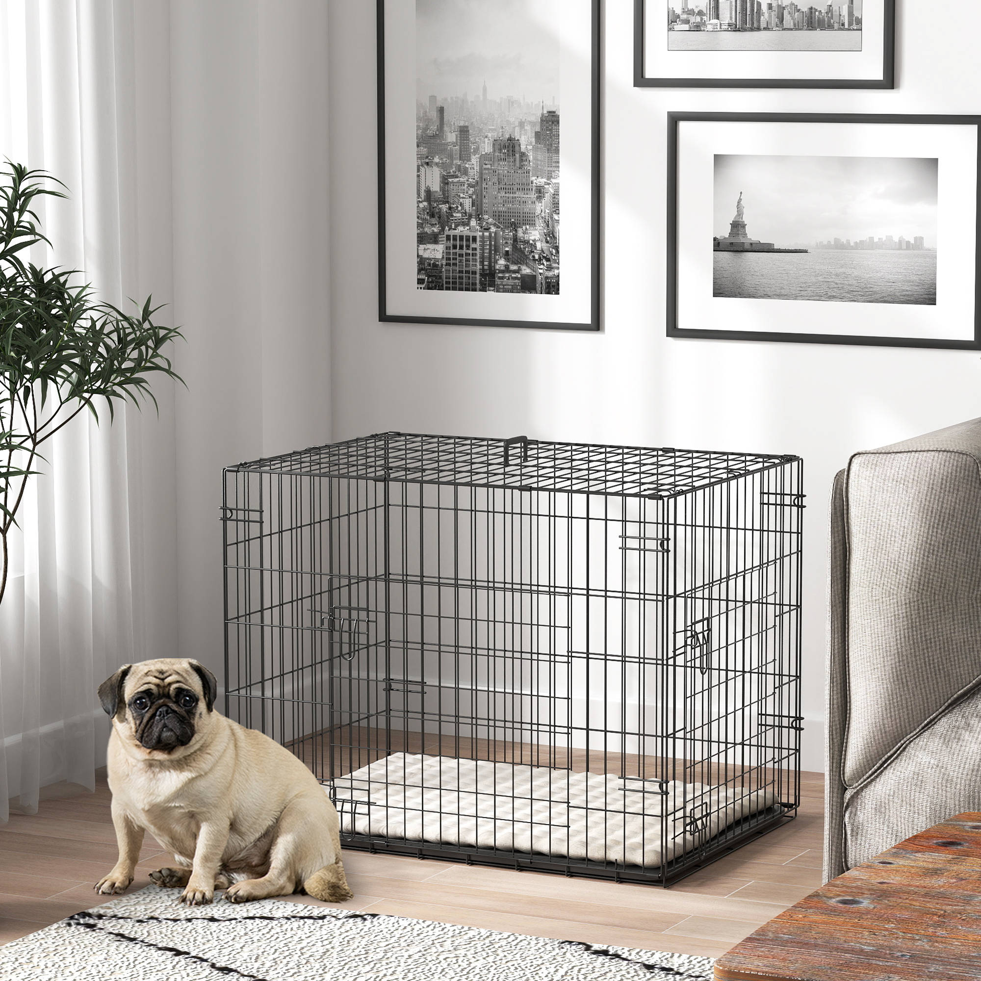 30" Dog Crate with 2 Doors, Folding Metal Dog Cage with Soft Cushion, Removable Tray, Handle, for Small Dogs, Black - Image 8