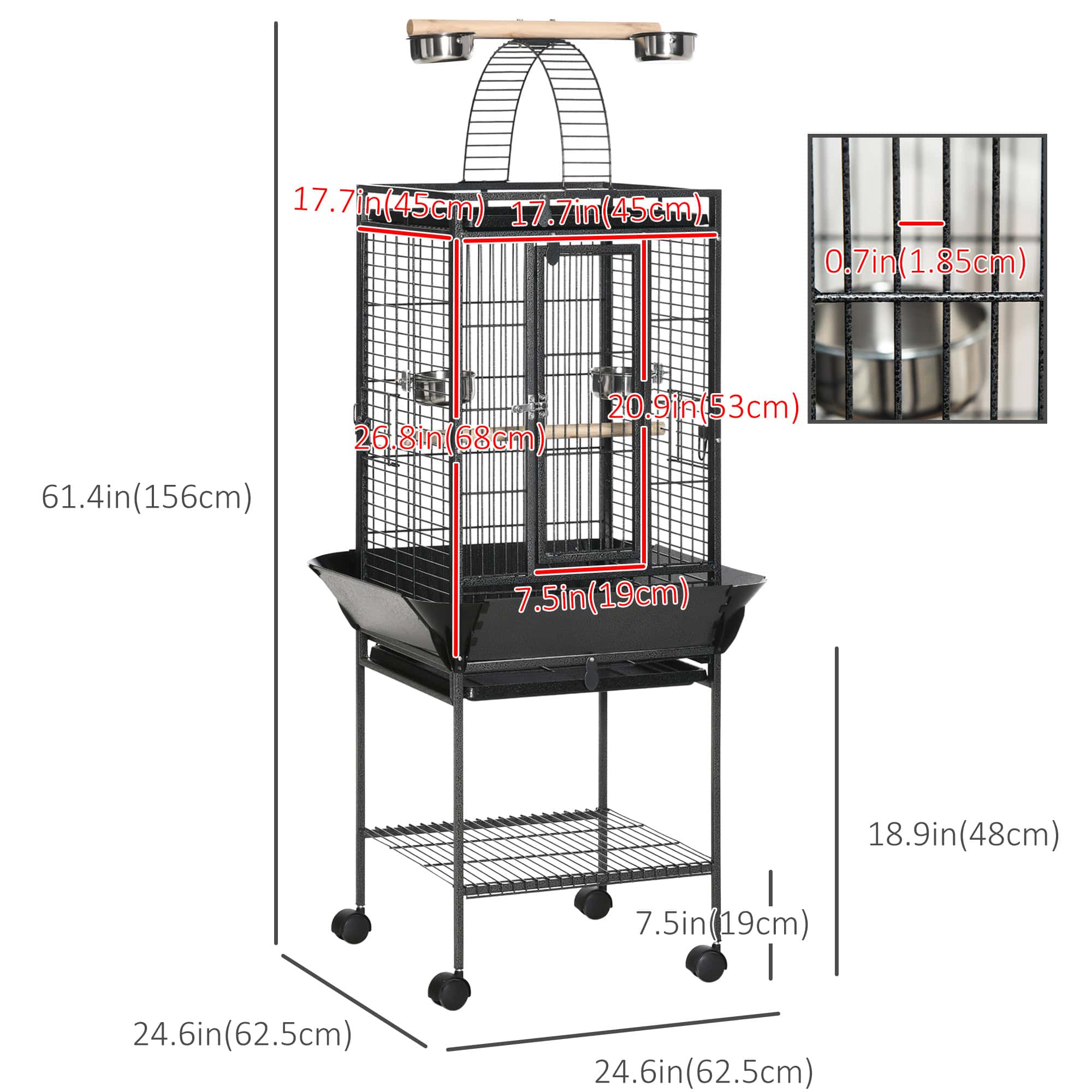 61.5 Inch Bird Cage Parakeet House for Cockatiel with Stand, Pull Out Tray, Play Top, Storage Shelf, Wood Perch, Food Container