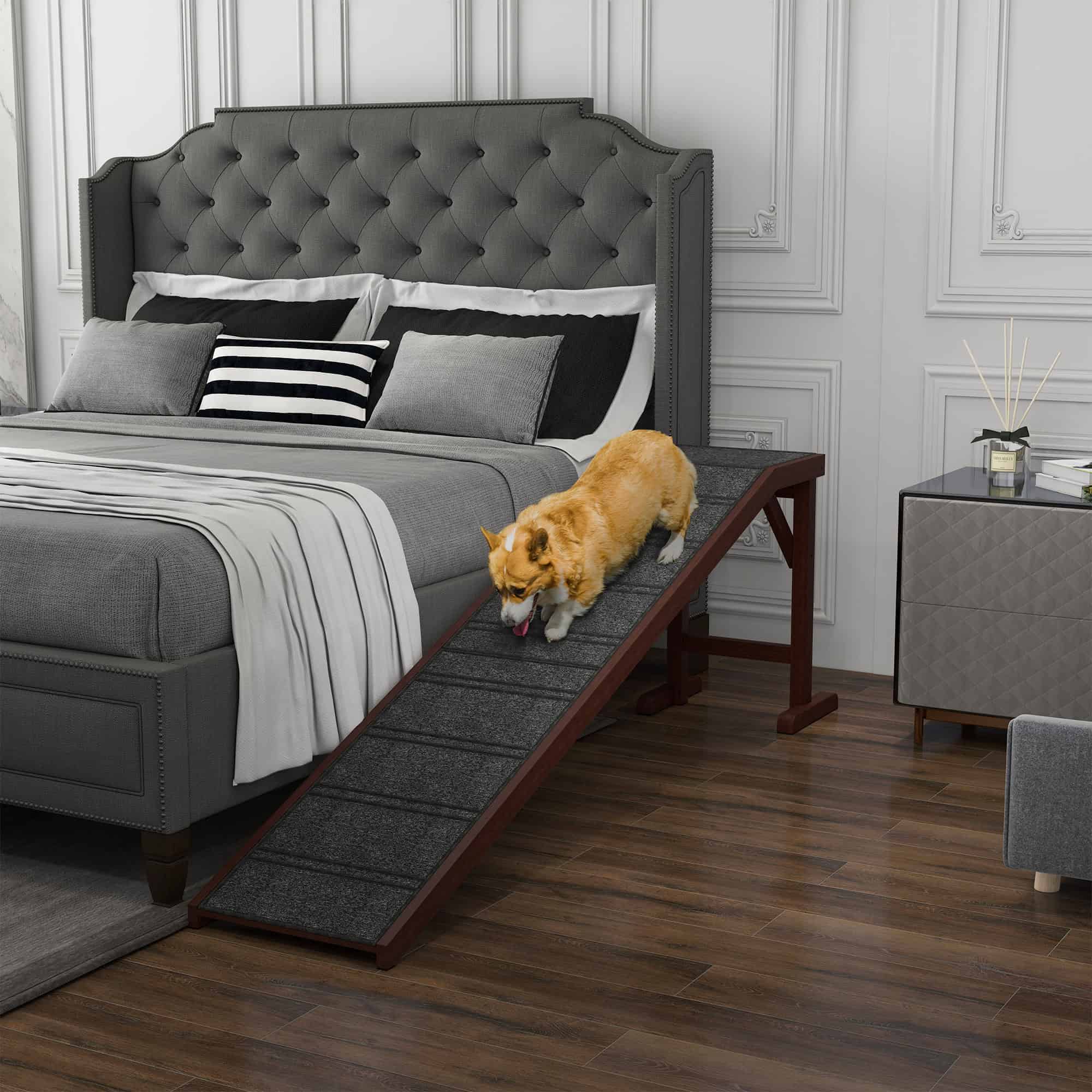 Pet Ramp Bed Steps for Dogs Cats Non-slip Carpet Top Platform Pine Wood 74"L x 16"W x 25"H Brown