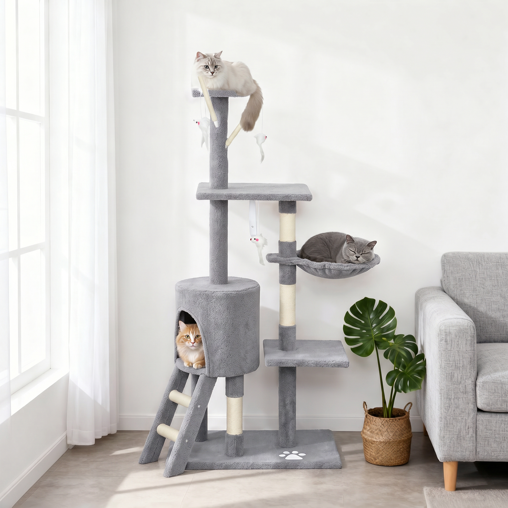 53" Cat Tree Tower, Kitten Activity Centre with Scratching Posts, Condo, Perches, Ladder, Hammock, Dangling Toys, Grey