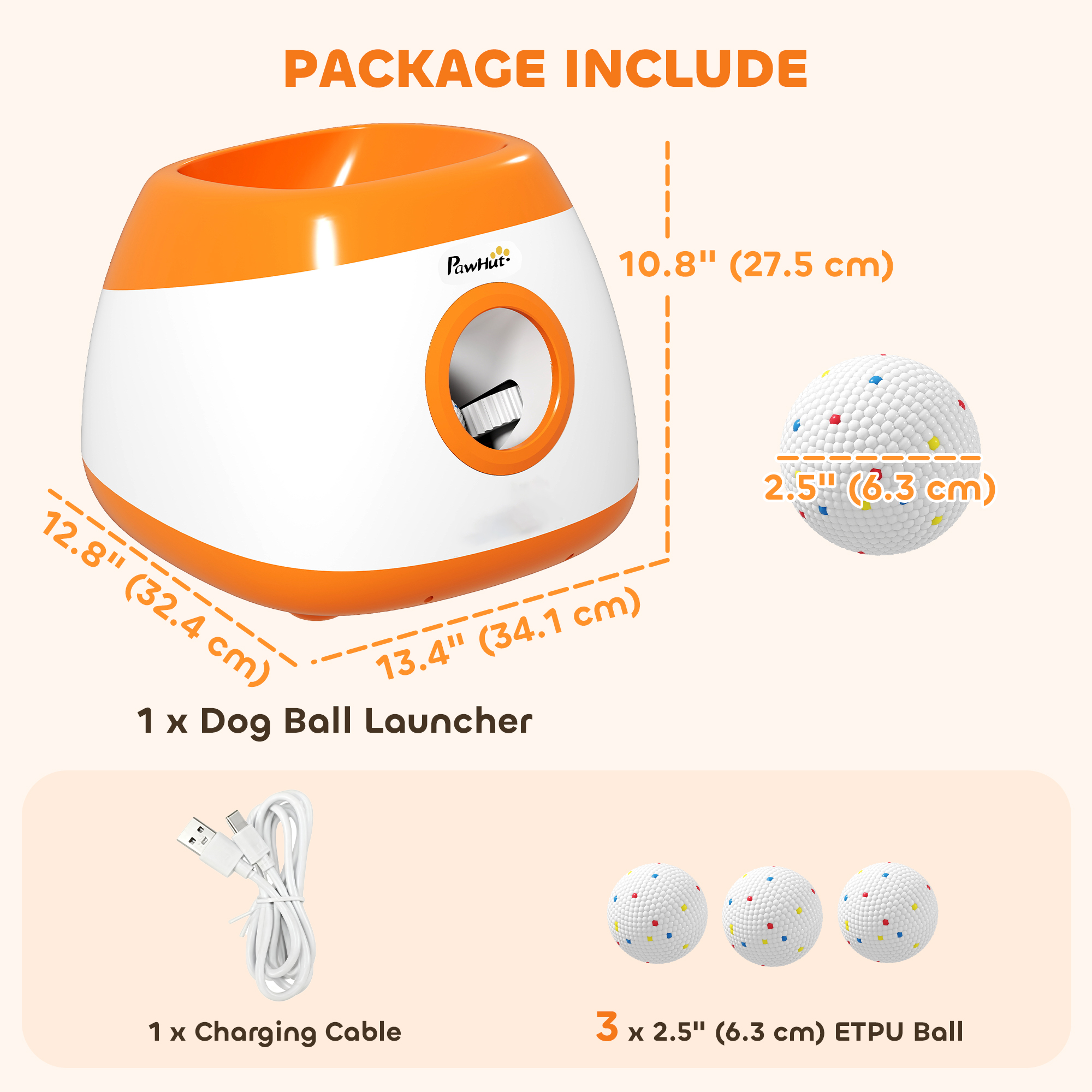Automatic Dog Ball Launcher, Automatic Ball Launcher with 3 ETPU Balls, 26-79ft, for Medium and Large Dogs, Orange