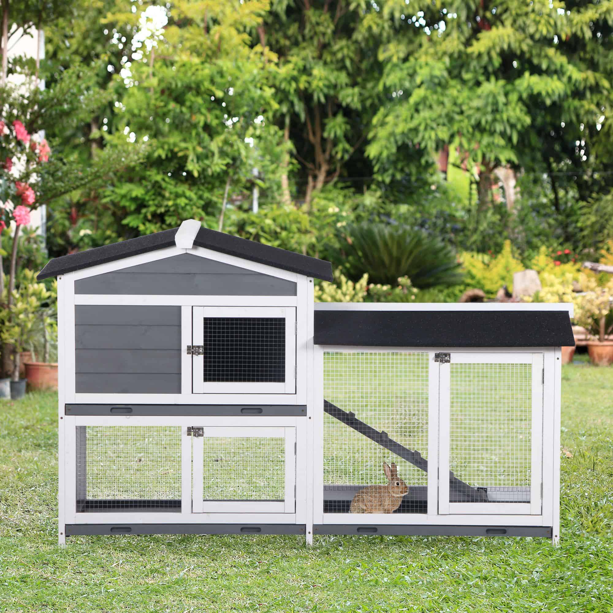 2-tier Wooden Rabbit Hutch w/ Ramp and Outdoor Run, Grey - Image 8