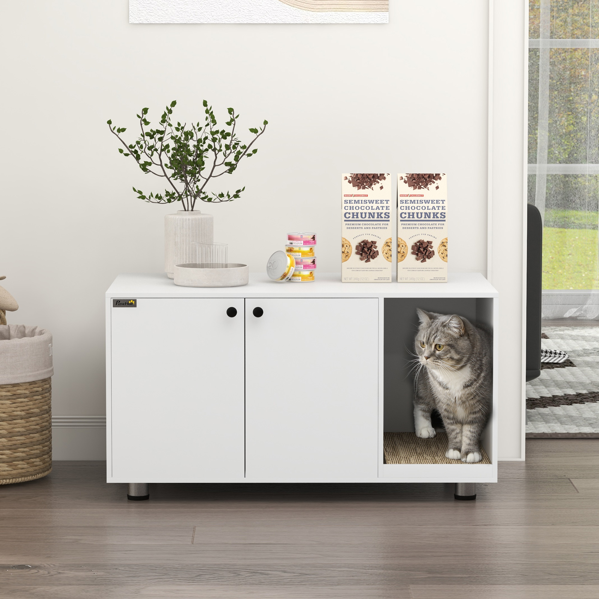 Litter Box Furniture Hidden Cat Washroom Furniture with Double Doors and Scratching Pad, White