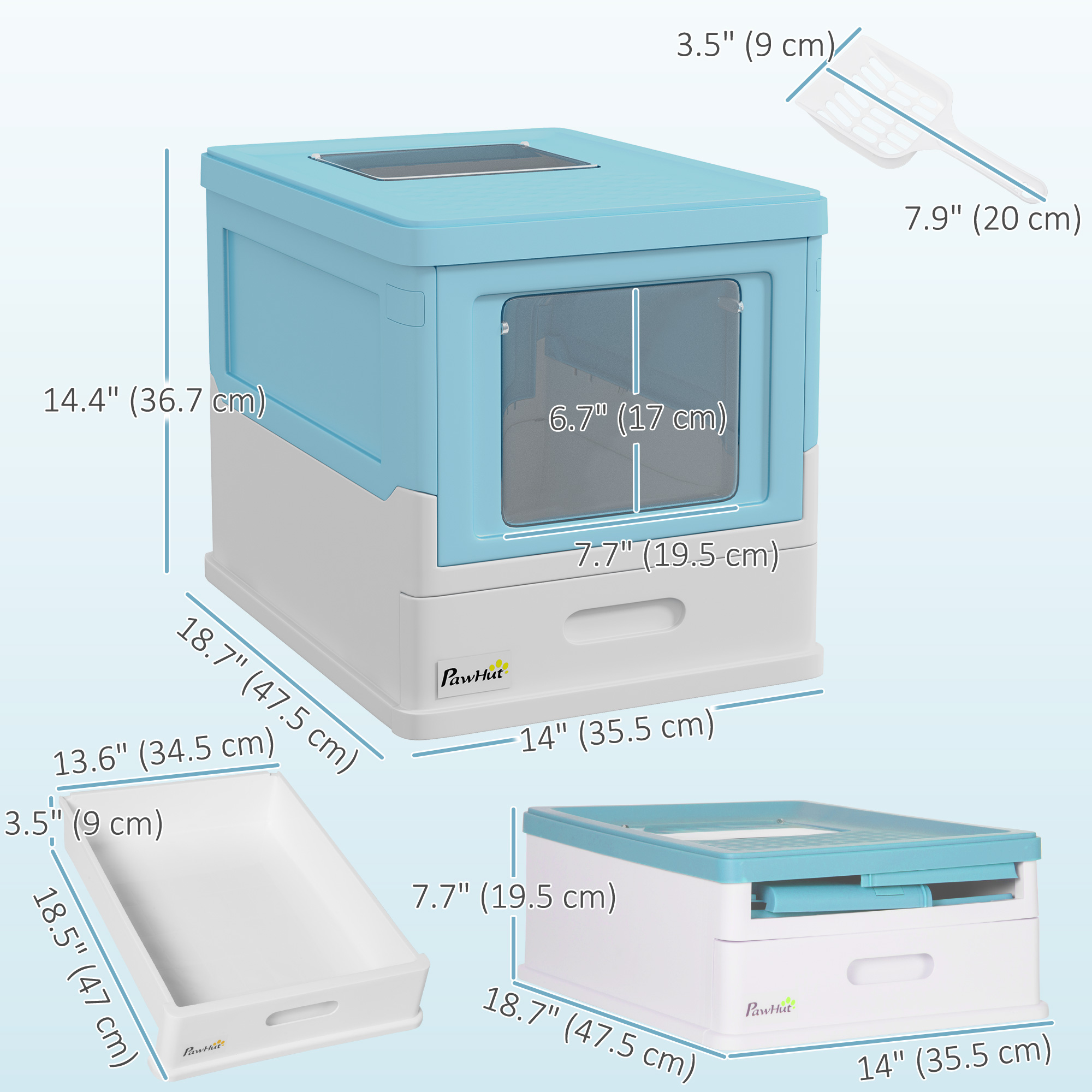 Top Entry Enclosed Kitty Litter Box with Scoop, Tray, Front Entry, Large Space, Foldable, Portable, Blue