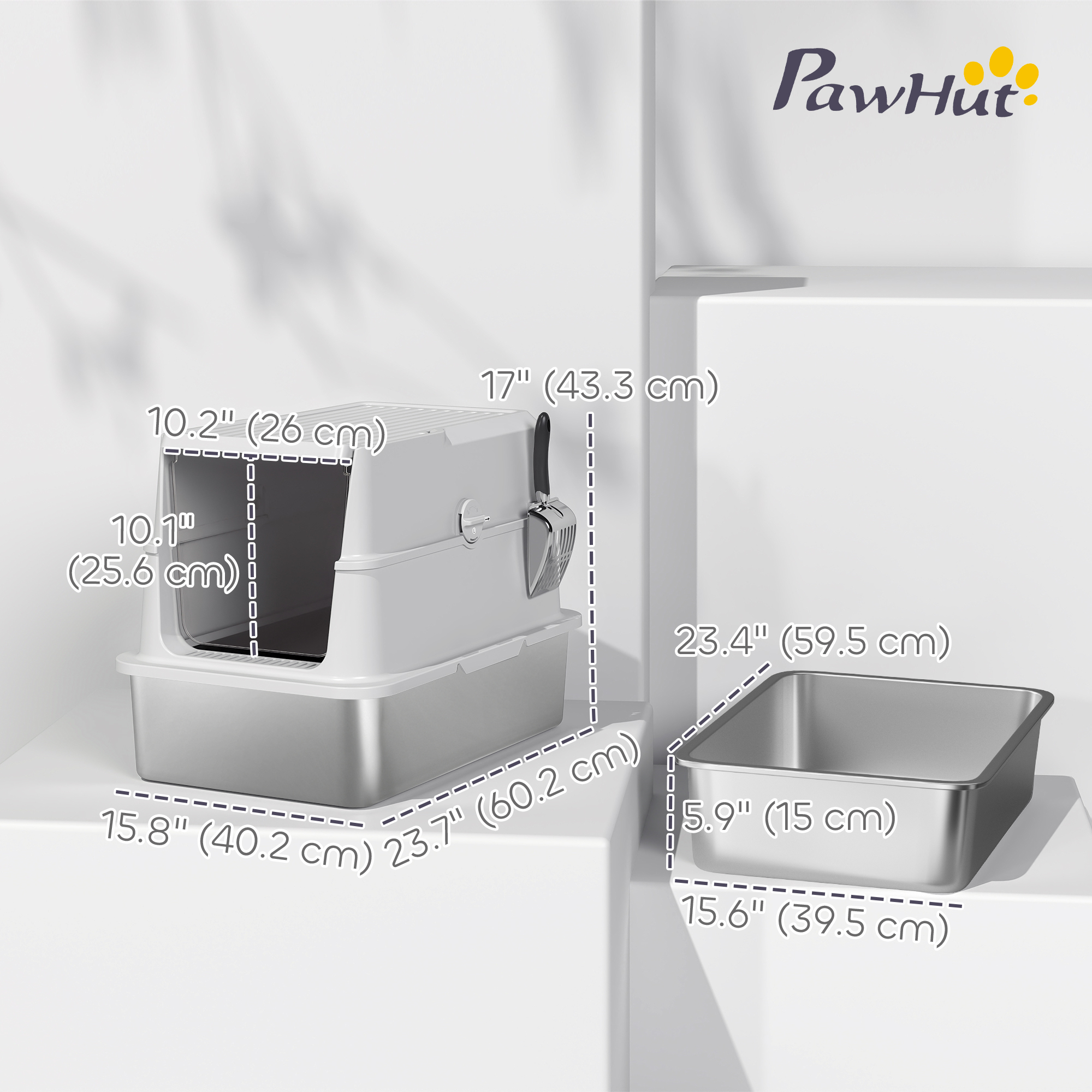 XL Stainless Steel Cat Litter Box for Big Cats with Flip Top, Scoop, Easy Clean & No Odors, Non-Sticky