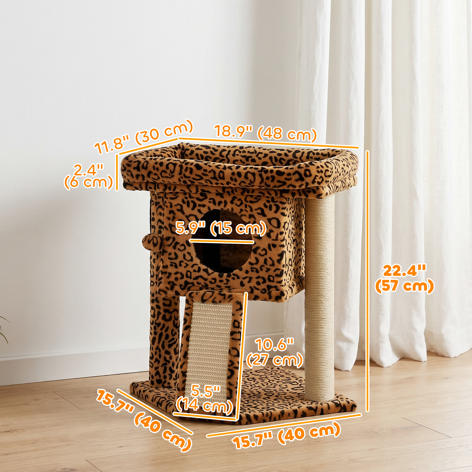 Cat Tree, Small Cat Tower with Perch, Scratching Post, Cat Condo, Toy Ball for Kitty, Leopard Print