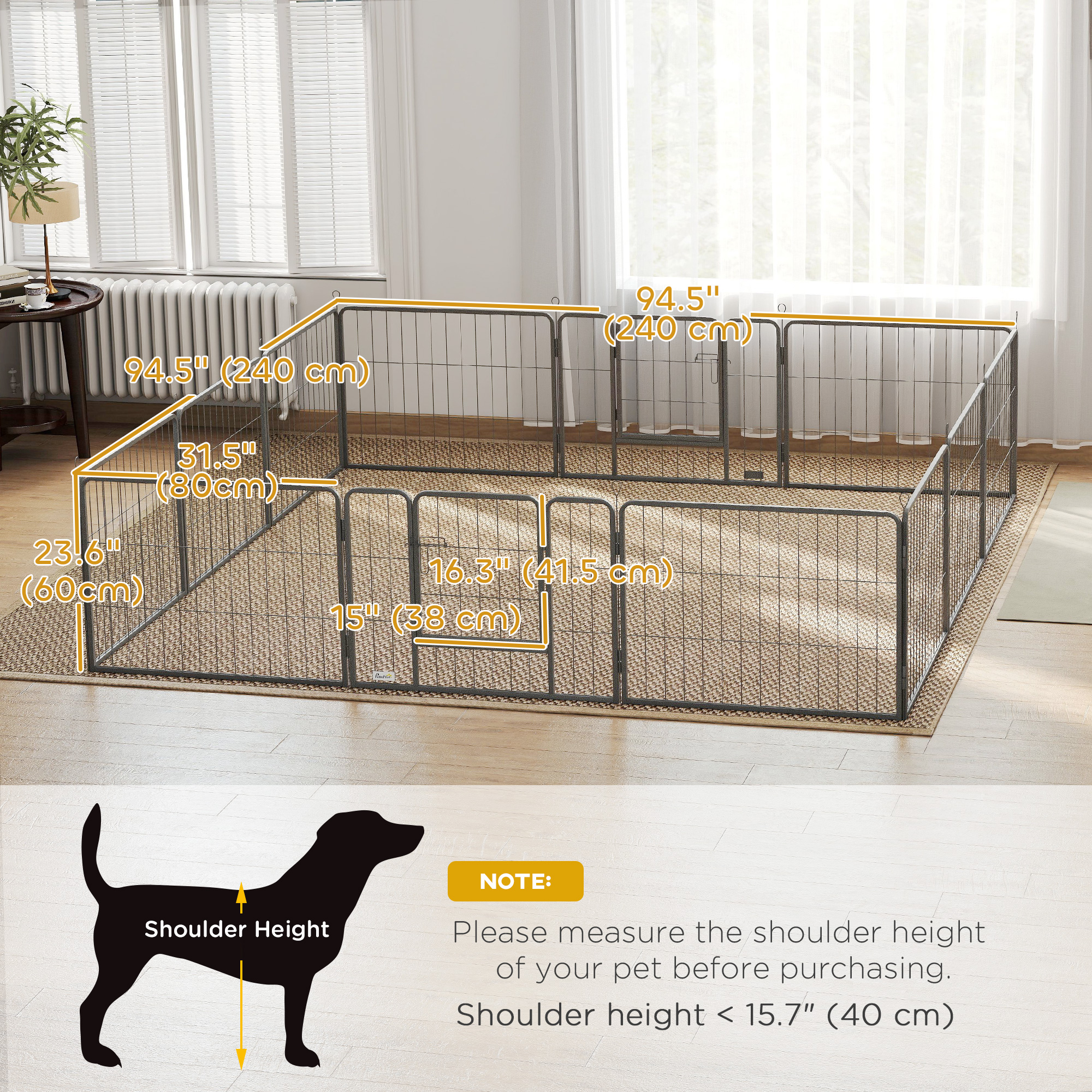 Dog Playpen, 31.5"W Heavy-Duty Metal Puppy Play Pen, Pet Exercise Fences for Outside and Indoor, DIY Design with Door for Small Dogs, 12 Panels, 23.5"H