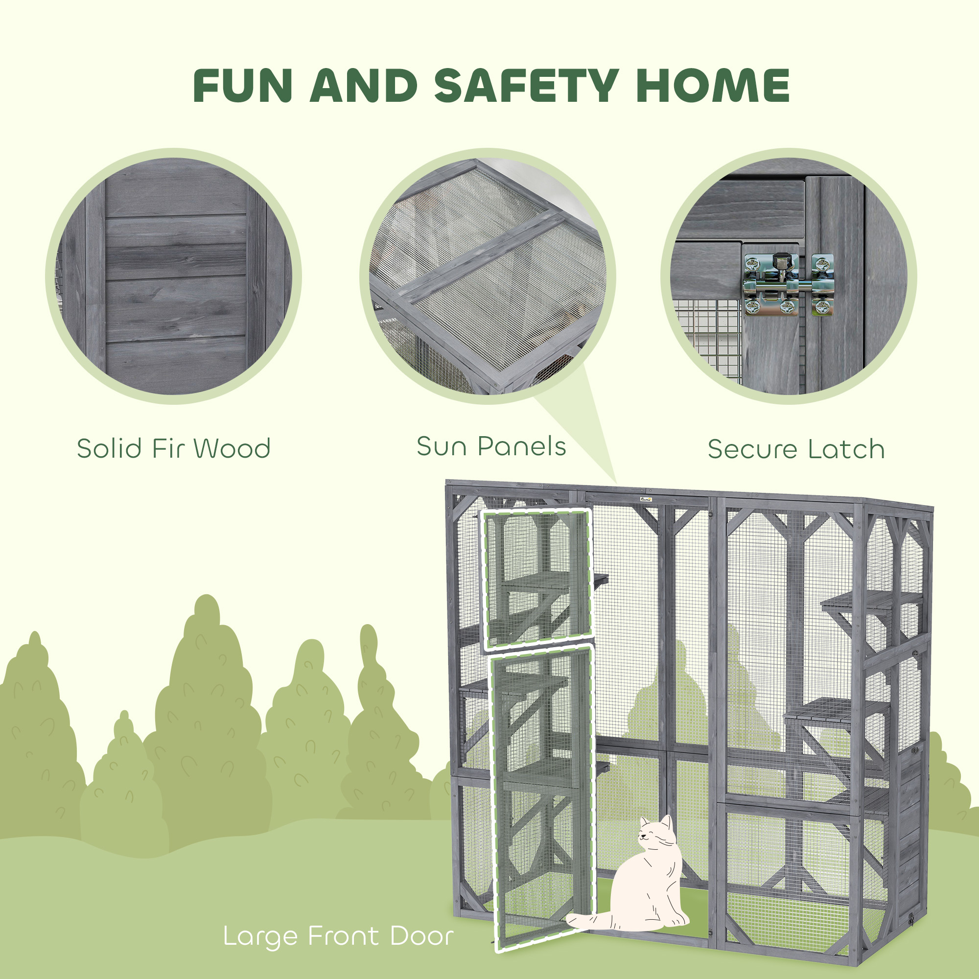 Outdoor Cat Enclosure with 6 Jumping Platforms, Weatherproof Roof, Large Front Door for 1-3 Cats, 59" x 28" x 60", Grey