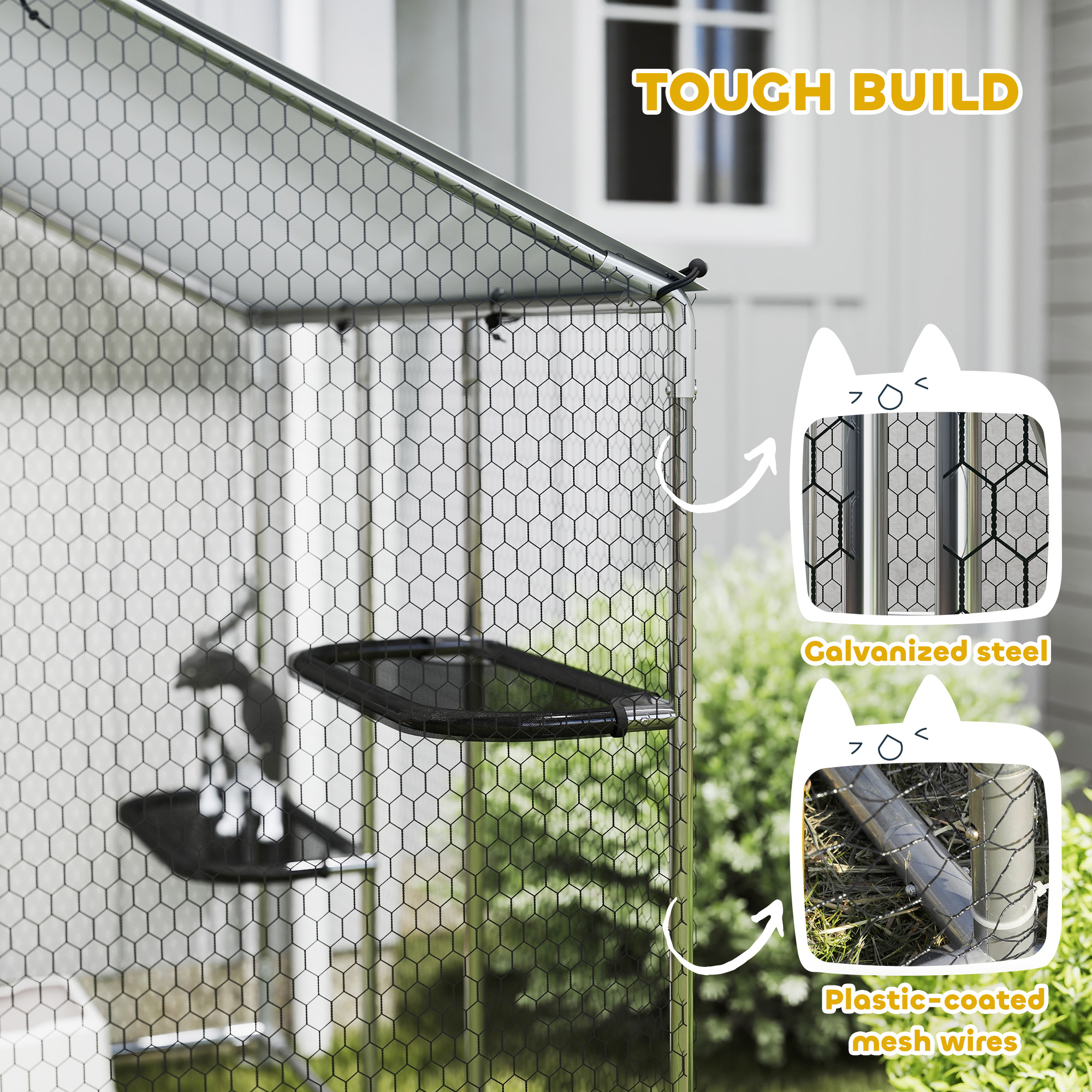 Large Catio Outdoor Cat Enclosure with Waterproof Cover, Walk-in Cat Patio w/ 5 Adjustable Platforms & Hammock 94.5" L